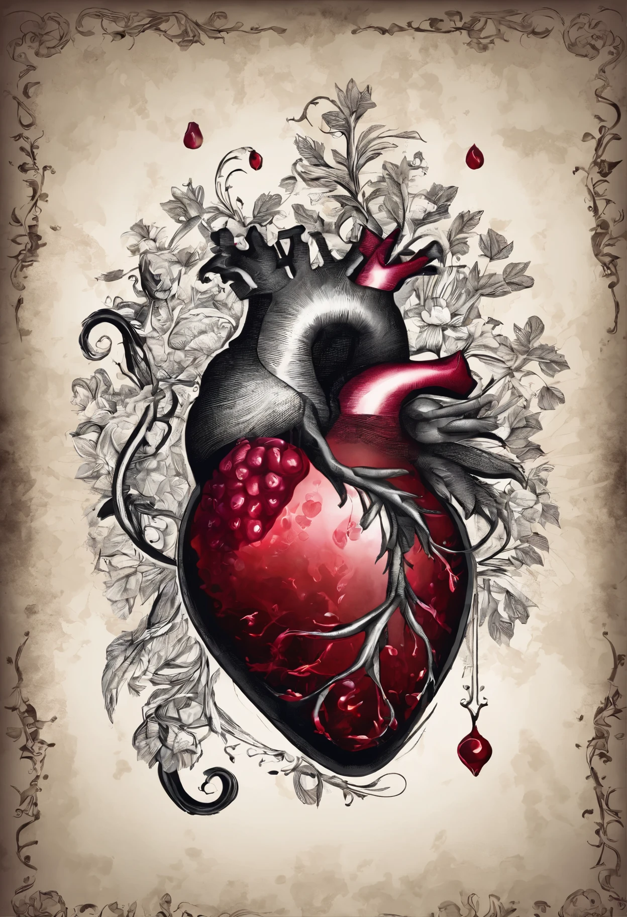 Best quality, pomegranate, heart, gore, pomegranate in the shape of heart, open show seeds and some falling out, anatomical heart, realistic heart with pomegranate merged, hyper realistic 