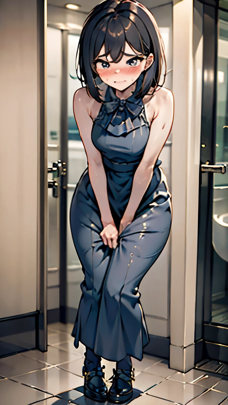 (1 tiny girl, have to pee, peeing herself, peeing, peeing self, crying, very desperate to pee), (have to pee, have to pee, peeing, peeing self, peeing, peeing self:1.1), (ruffle maxi dress, heels, have to pee, covering crotch strongly, knees together and feet apart:1.5), (hand between legs, leaning forward:1.7), (shaded face, despairing, anxiety, breathlessly, full face blush, embarrassed, looking away:1.5), (standing unstable, girl can't stand up straight:1.8), (full body:1.5), (restroom, waiting for the toilet), pose peeping