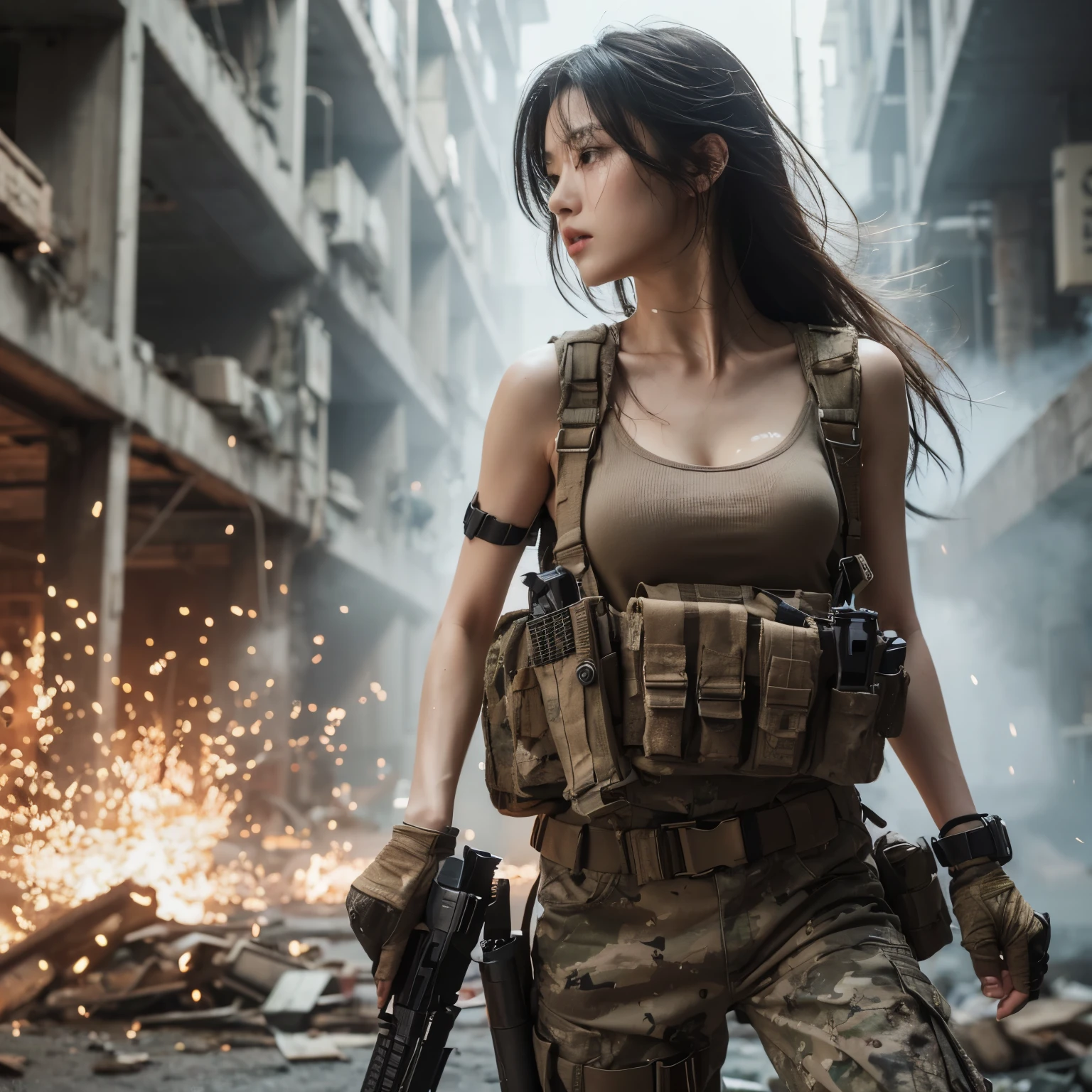 25 years old japan beauty full body shoot, wide shoot, action battle pose full body of fictional character: sweet but dirty face by dust, a beauty japanese girl with long hair wearing khaki tanktop & dessert camouflage motif military pants, with tactical suit & military belt full of weapon accessories & parts, cool intense expression, posing in city ruins warzone, dystopia sparks smoke under siege cinematic background, hyper realistic photo,(((long black hair))), action pose, blue eyes, sweaty moist skin body & face, skin texture pore, bruised battered, ripped clothes, battle hurt, japanese beauty girl, black hair moving by winds, (8K, High resolution,ultra-quality, An ultra-high picture quality, Ultra realistic, Best Quality, master piece:1.2), big breast, nipple see thru clothes, trained properly holding a tactical m-16 weapon fully loaded ready to shoot attack, battle mode gesture, eyes visible through hair, Proper eye position, Cinematic Light, Soft light, lower back, detailed color graded background, Convoluted, highly detailed, 8K, Overall silhouette, day dramatic warzone scene, high detailed, wallpaper quality, good anatomy, correct body, hand & fingers anatomy (lora:add_detail:0.8) hyper realistic scenery moment detail sharp, Fujifilm XF 56mm f/1.2 R Lens. HDR10 8K