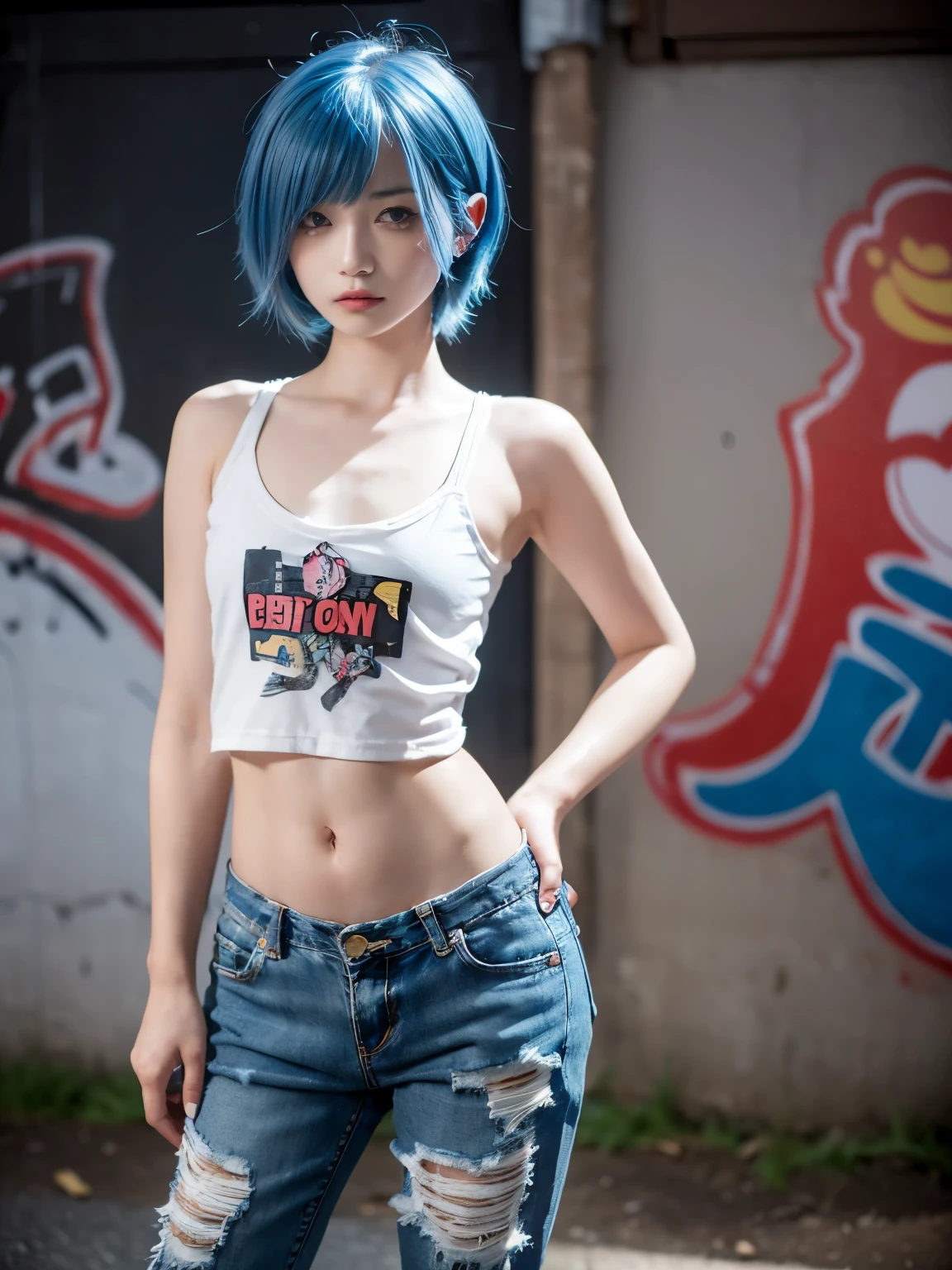 raw photo, 8k, (top-quality), Realistic, (real picture, Intricate details), (natural skin texture, detailed skin, hyper realism, sharpness), (Japanese  girl standing in a dirty back alley at night, graffitied wall:1.3, hands on hip), ((white tight tank top, Distressed denim pants, low rise baggy pants)), (((flat chest:1.5))), (pale skin), ((blue hair, shorthair, short bangs)), (seductive face, Parted lips:1.3), graffiti:1.5, trash can, night time, spot lighting:1.3, Full body shot