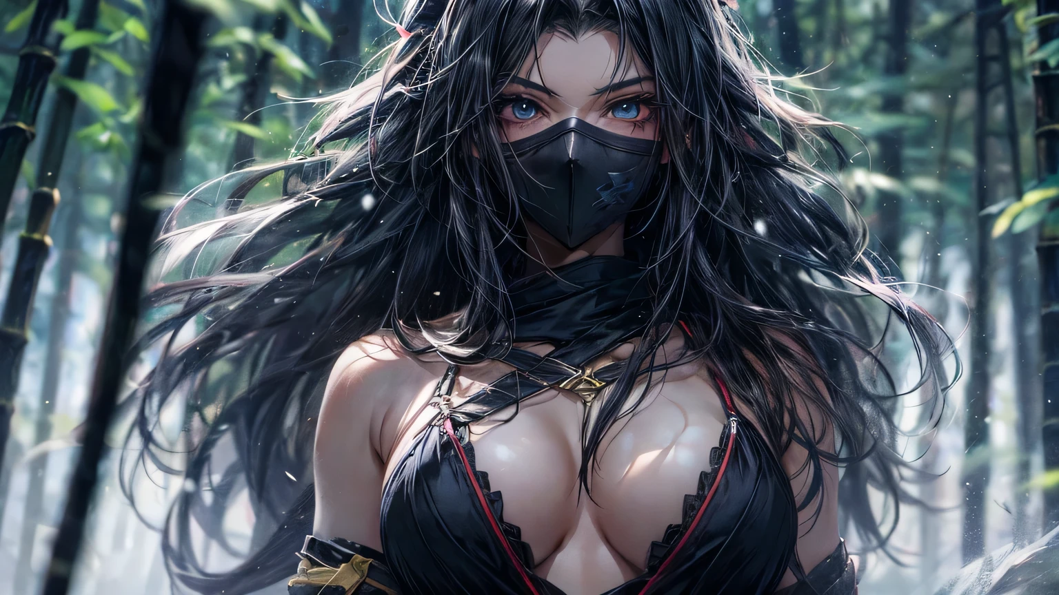 4K, realistic, in great detail, dark night, ((very delicate eyes)) Blind eyes, There is a girl in the bamboo forest, she is a ninja, Sharp eyes behind the mask covering the face, super big, big bust, He holds two delicate-looking daggers in both hands., Two hands holding a dagger in front of me, soft clothes, long hair, wearing a bikini, ninja outfit, 25 years old, whole body