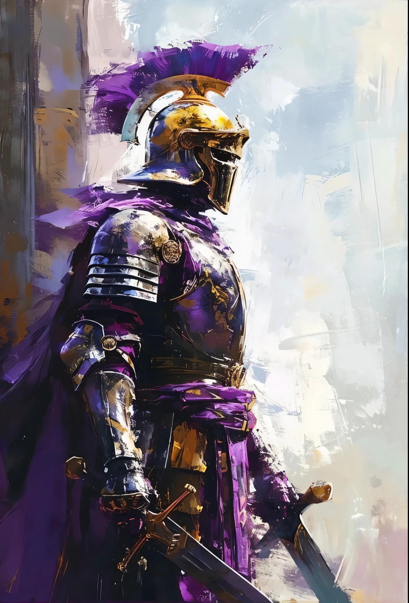 a painting of a Knight in armor with a sword in his hand, Purple Armor, Painting of a Knight, sleek Purple Armor, Heiliger Kreuzritter Mittelalter knight, wearing dark Purple Armor, Heiliger Kreuzritter Mittelalter, beautiful character painting, von Raymond Han, gepanzerter Krieger, Fantasy-Ritter, Fantasy-Paladin, Stil von Raymond Swanland, Knight in armor, fully dressed in armor