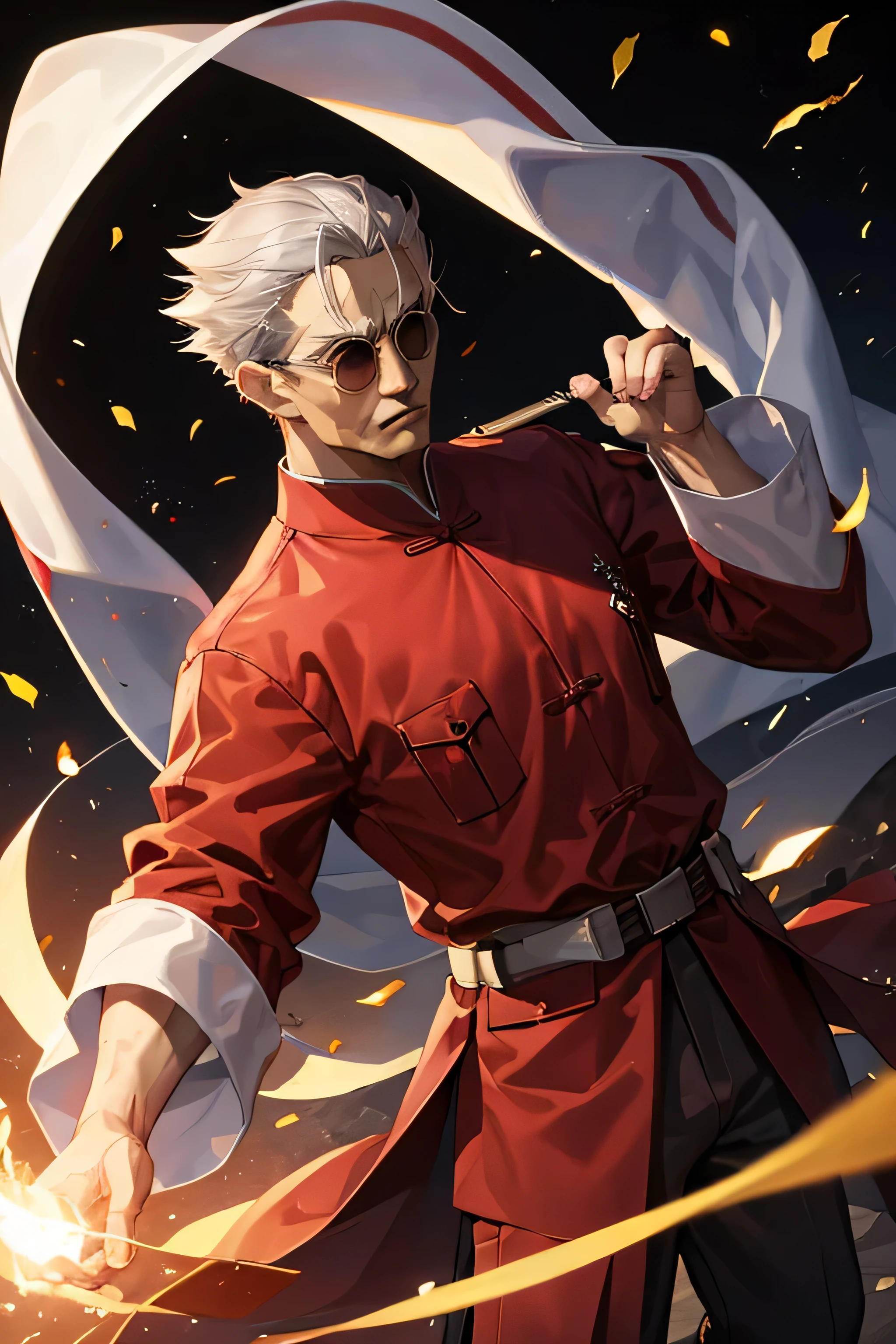 8k, masterpiece, high-quality, old man, solo, martial artist, red yi-fu, black pants, round glass, white hair, Li Shuwen, chinese back ground, cinematic, wu er da