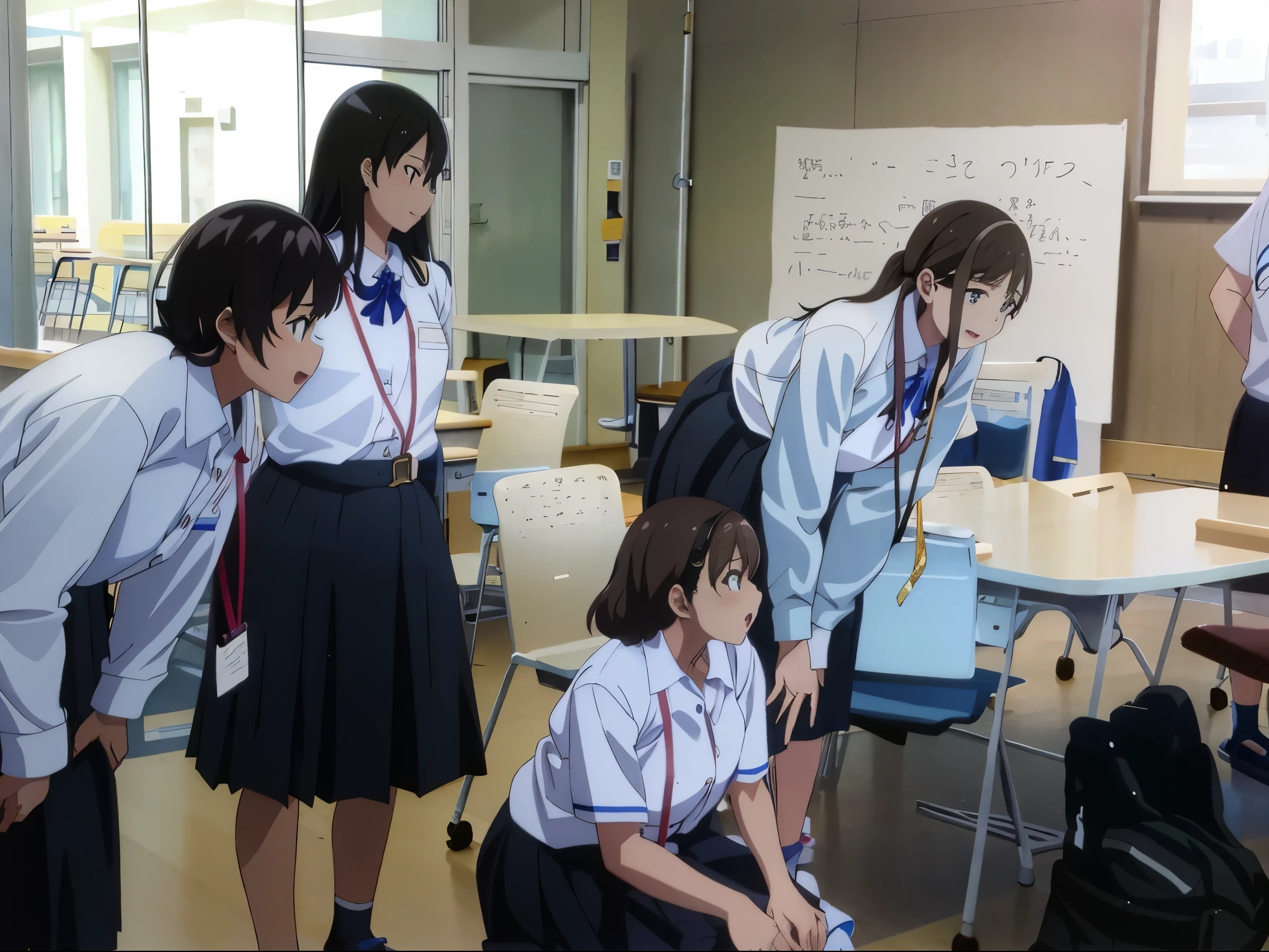 uniformを着た３high school students are standing around a table in the classroom, ３inside a person、２the person is a girl１The person is a high school boy,Japanese high school, japanese school uniformを着ている, Versatile poses, japanese school uniform, Scenes from animated movies, uniform, dynamic!!, typical anime classroom, One is squatting, laughter, Watching something, Ghibli style, uniformの色は白, Girls wear blue ribbons, profile pose,facial repair 