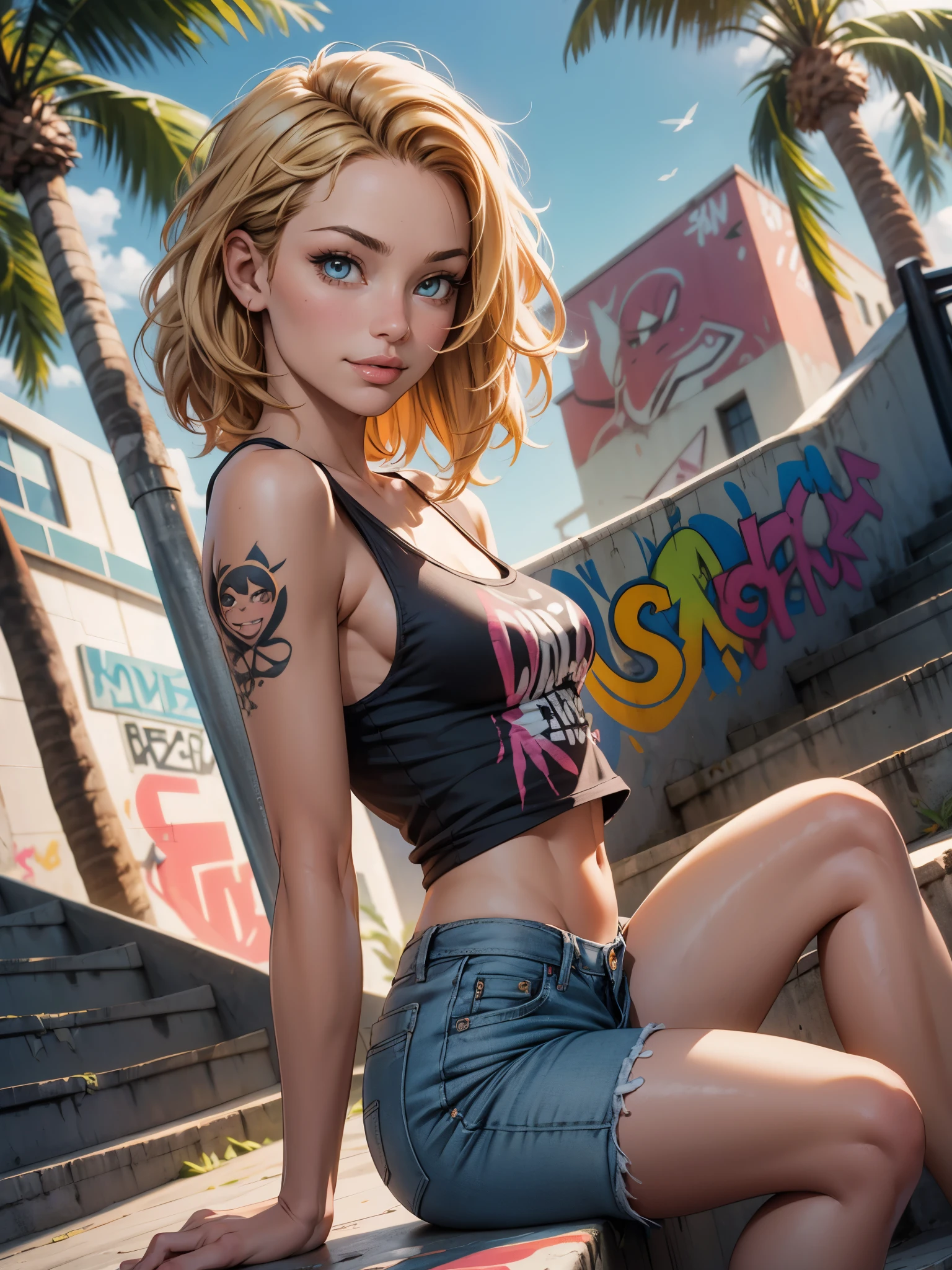 seductive 30 year old woman with short wavy blonde hair, hazel eyes, small breasts, model body, wearing a white tank top with a colorful print, hazel Bermuda shorts, posing sitting on a staircase with graffiti, upper body, concrete staircase background with graffiti in a skate park,palm trees,deep on field,dutch angle,afternoon light,evening,sunset,los angles smirk, seductive smile