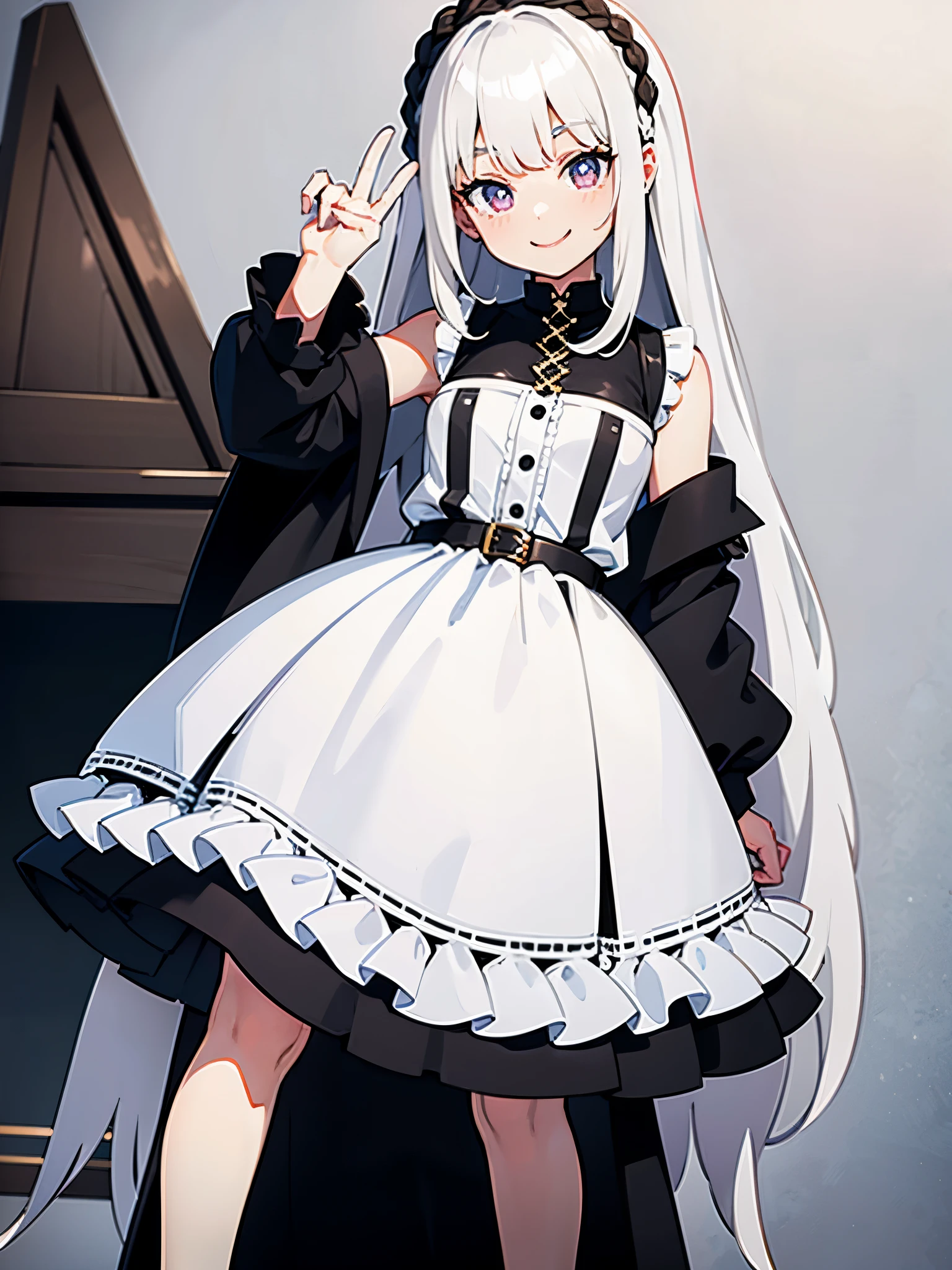 Half black and half white haired girl,Smiling,Quirky,Brown pupils,Wearing a plain white dress,French braid,Tall