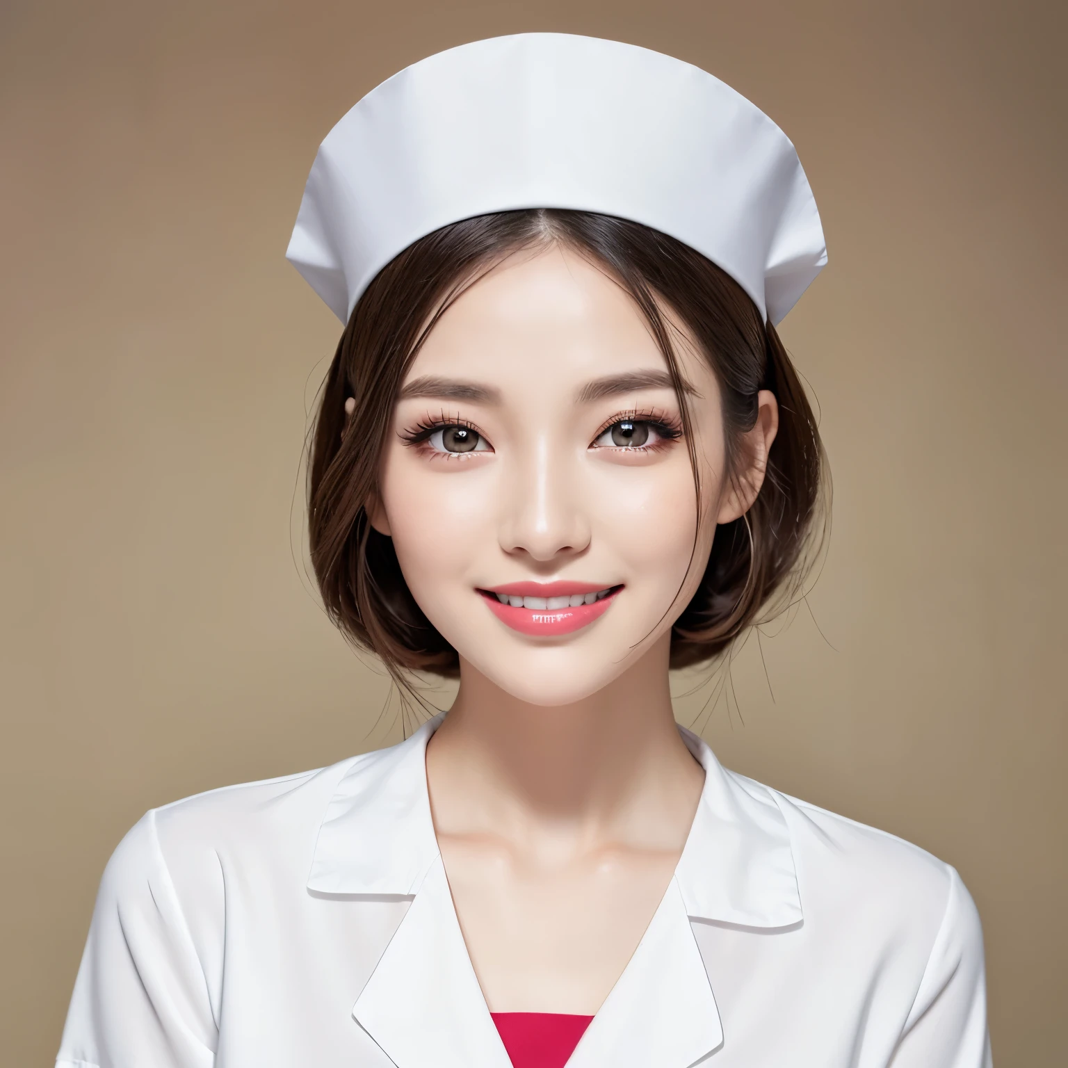 (highest quality、table top、8K、best image quality、Awards、hyper realism)、One nurse girl、(white perfect nurse uniform:1.1)、(plain white nurse cap:1.1)、(Pure white nurse clothes:1.1)、(Plain white nurse uniform:1.1)、(Plain white nurse cap:1.1)、(small valley:1.2)、(The background is a pure white hospital room:1.1)、Perfect hospital room with the most natural layout、(face is close:1.3)、accurate anatomy、look at me and smile、perfect makeup、lipstick、eye shadow、long eyelashes、Beautiful glossy plump lips、very bright、White beautiful teeth、Gives off a lustrous shine、The most beautiful white skin、Beautiful skin that shines in the light、the most detailed and perfect face、most detailed glowing eyes、beautiful and moisturized skin、Beautiful skin with ultra-high definition gloss and moisture、Ultra high definition beauty face、Super high resolution perfect teeth、ultra high definition hair、ultra high resolution glossy lips