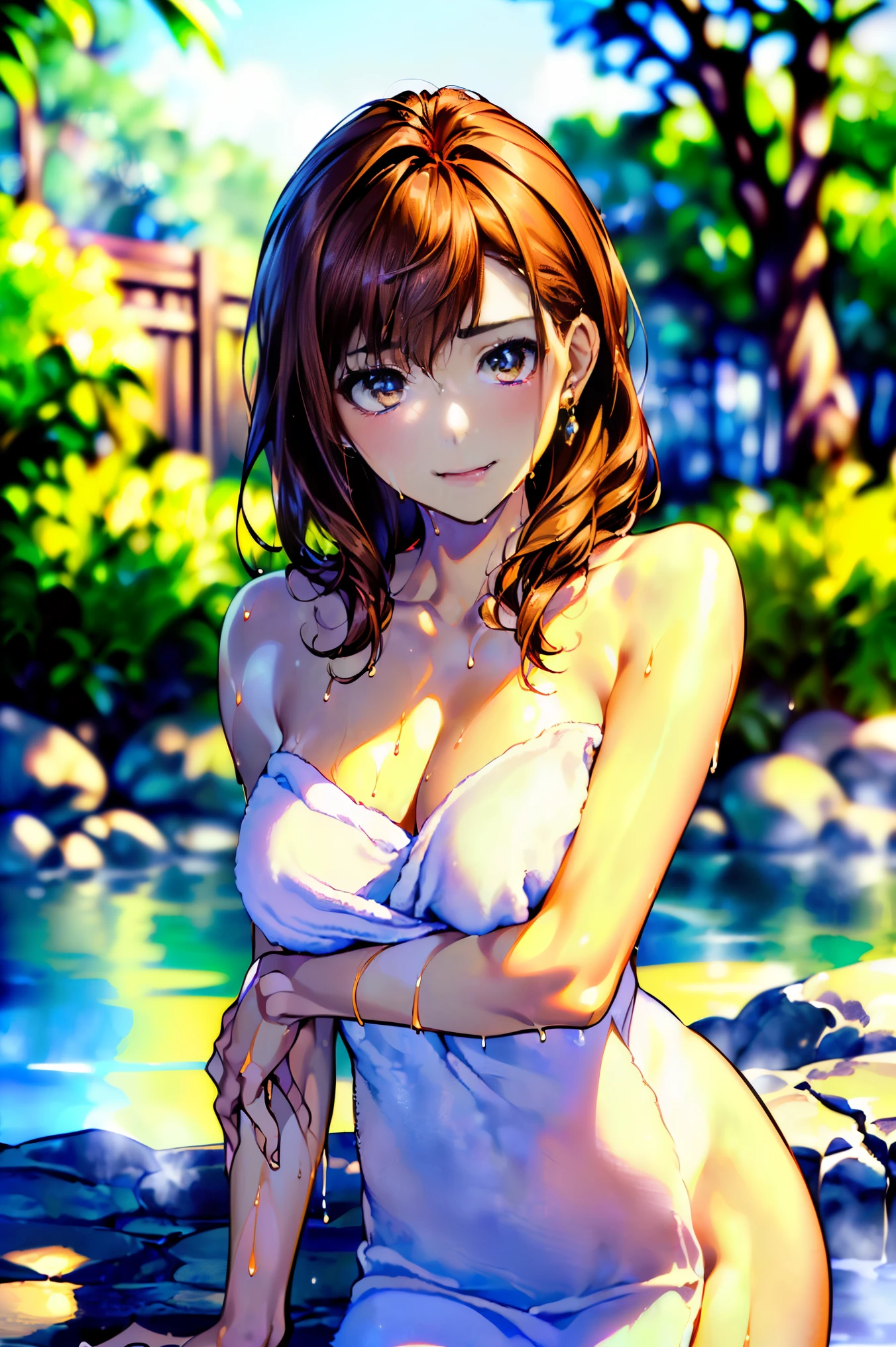 ((highest quality、8K、masterpiece:1.3)), (medium hair, beautiful hairstyle, brown hair:1.5)、(open-air bath:1.2), (Soak in a hot spring:1.3), clear, fine-textured skin、beautiful clear eyes、cleavage、((attractive appearance))、(thin waist:1.3)、(Dynamic and seductive poses:1.5), ((wrap a towel around your body, wet body:1.3)), (Kamimei), earrings
