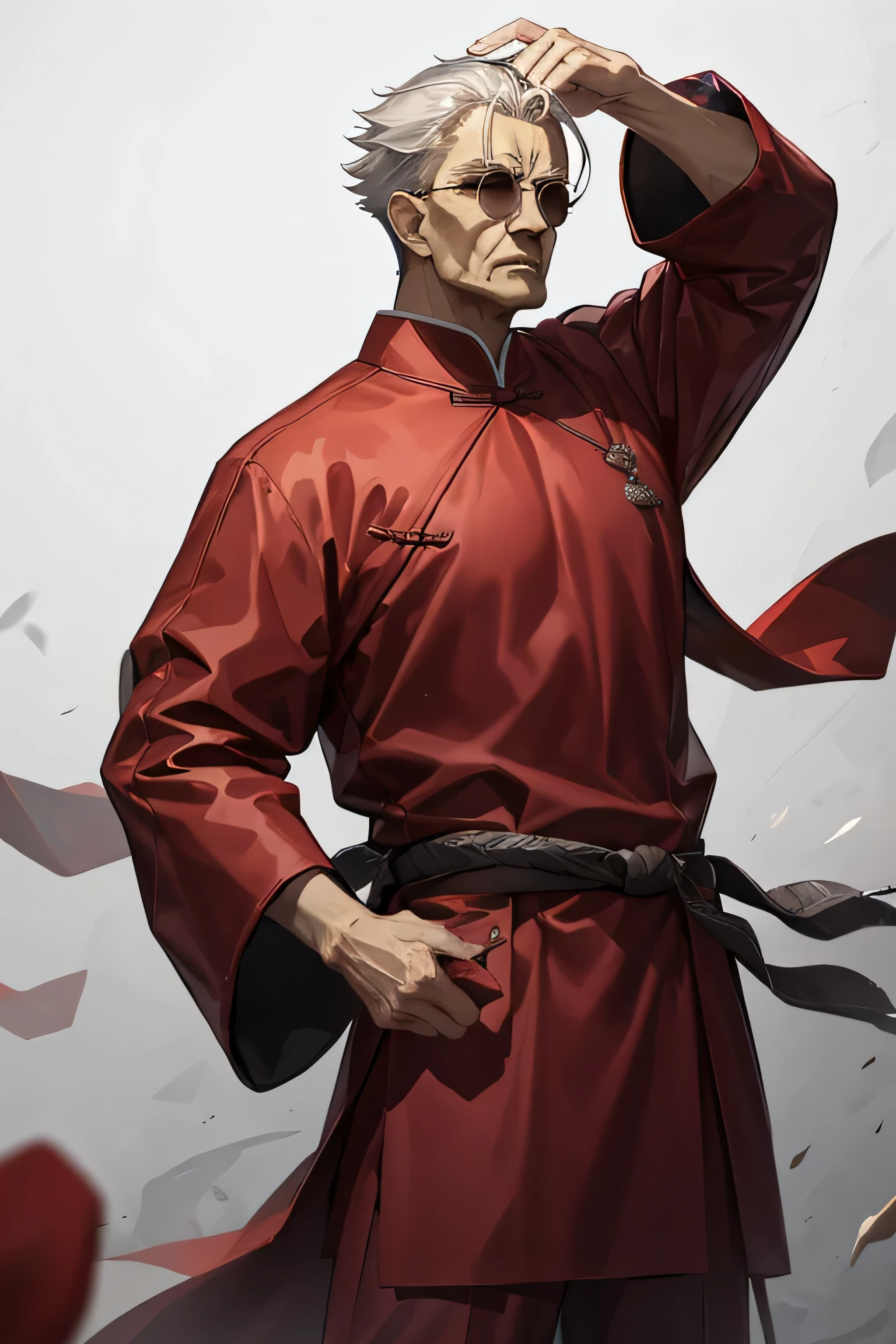 8k, masterpiece, high-quality, old man, solo, martial artist, red yi-fu, black pants, round glass, white hair, Li Shuwen, chinese back ground, cinematic, wu er da