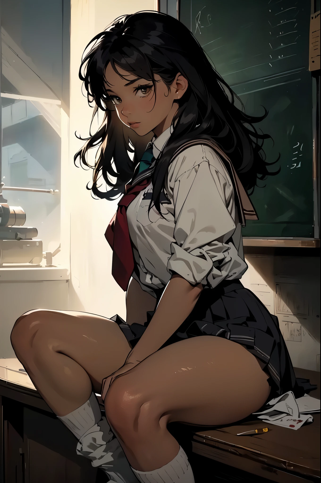 (masterpiece, highest quality), (high resolution, details,retina),beatiful backgrounds,anatomically correct,Accurate drawing,Detailed drawing,high-class sense,
anime, line-art, flat shading,

Solo: 1.2, woman,(detailed face:1.2),(detailed hair:1.2),
(School uniform: 1.5), Baggy socks,
(Unruly hair, voluminous hair),
(Beautiful thighs: 1.0),