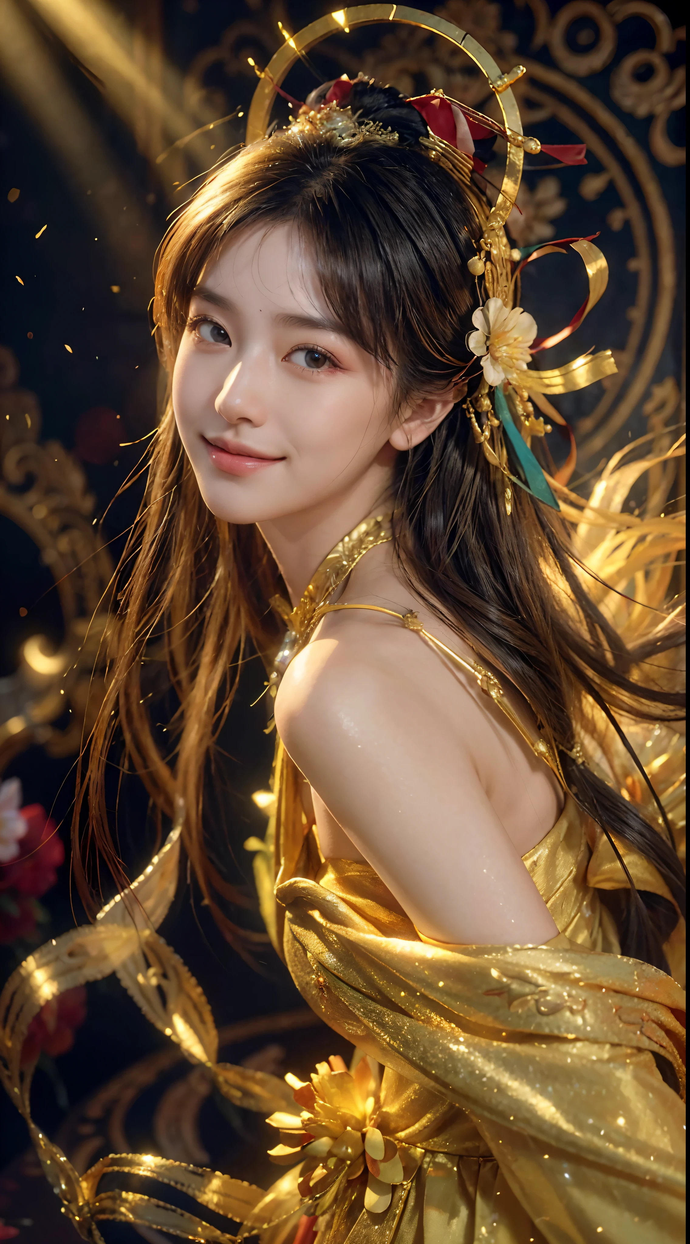 (RAW photo, highest quality), (realistic, Photo realistic: 1.3), highest quality, very detailed, masterpiece, Super detailed, figure, 1 girl, upper_body, dynamic angle, world mastery theater, Messy_length_hair, highest quality, very detailed CG 統合 8k 壁紙, ink, wonderful, cinematic lighting, lens_flare, Dunhuang_style, Beautiful depiction of the Tang Dynasty, (smile: 1.5), (holy light), inside the cave, floating, sony master shot, bustling, gold foil, flower, looking at the audience