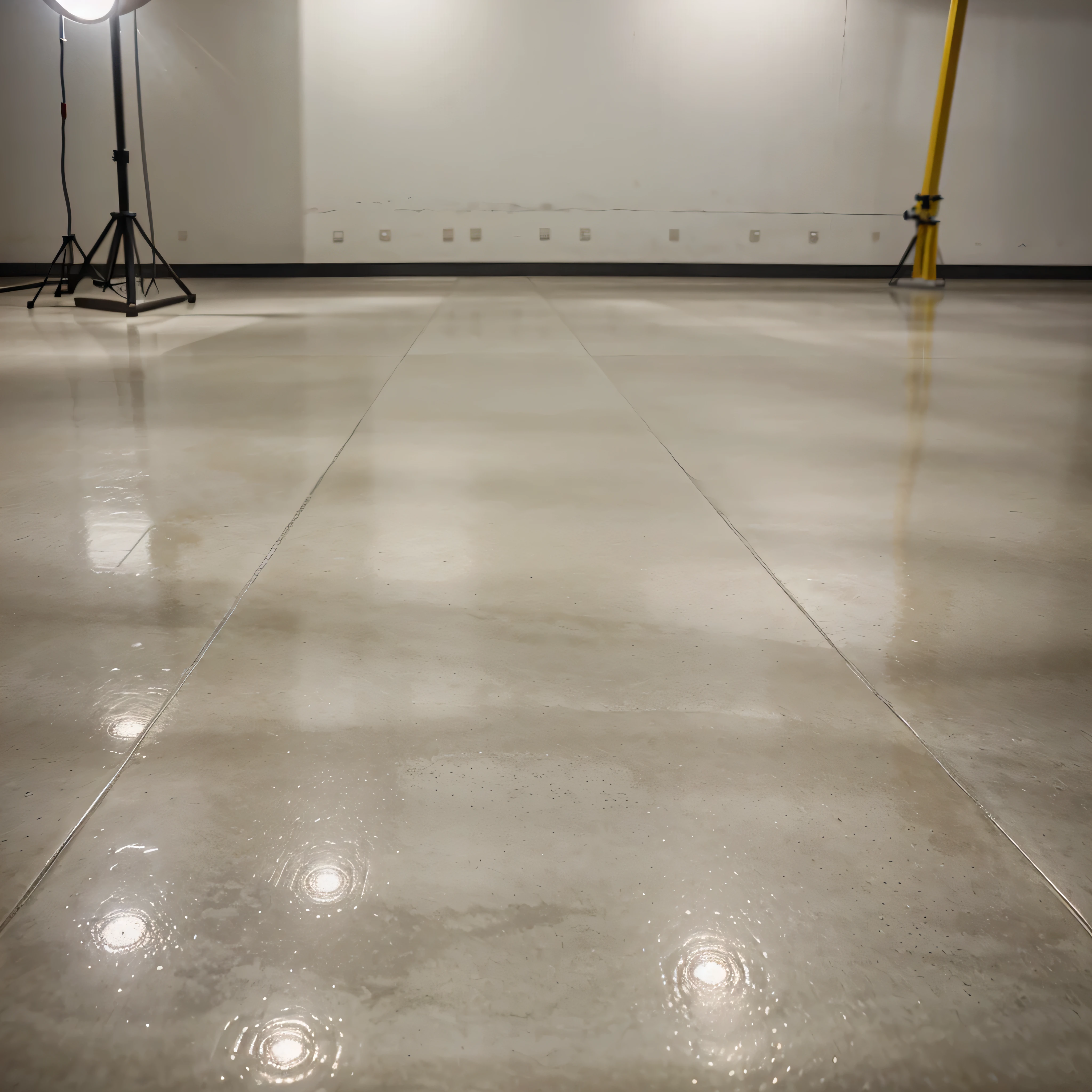 A close-up photograph of a polished concrete floor with a 35-degree camera tilt, con el punto de enfoque a 1 metro de distancia. The background is softly blurred.. Lighting is provided by soft ambient light with fluorescent bulbs...