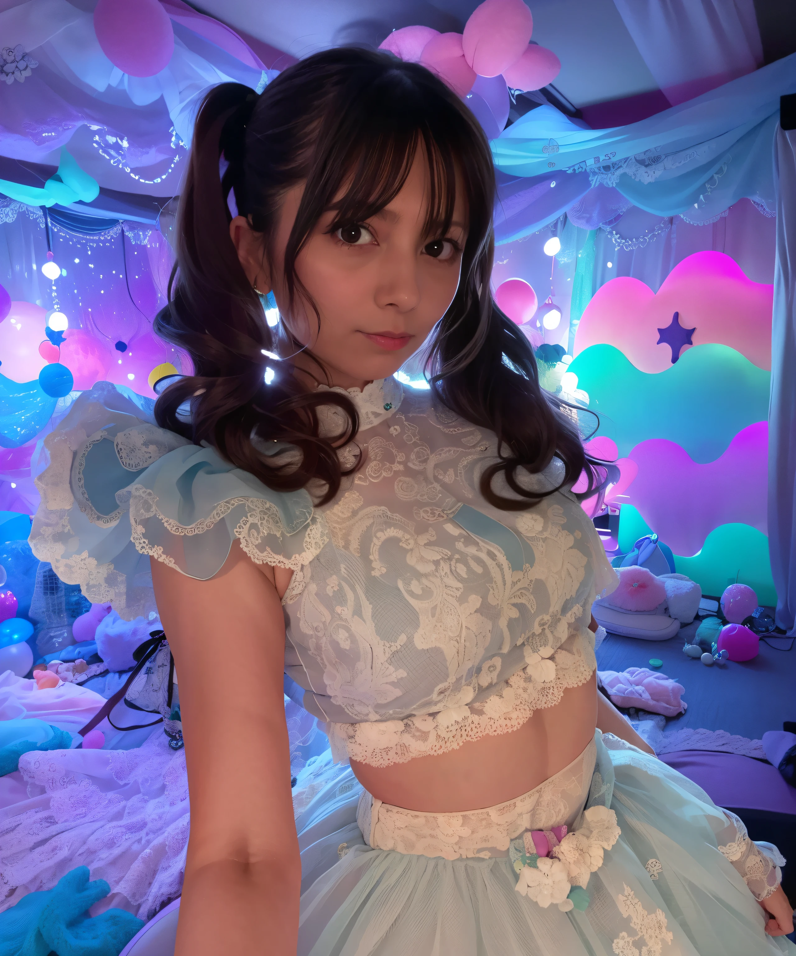 A young girl in her 40s wearing a dress taking a photo in her room, y 2 k Cute Core clowncore, , Cute Core, Fairy Core, Belle Delphine, sakimichan, sakimichan hdri, egirl, Magical ta Girl Portrait, girl, Trending on cgstation, cute cutgirl, shikamimi