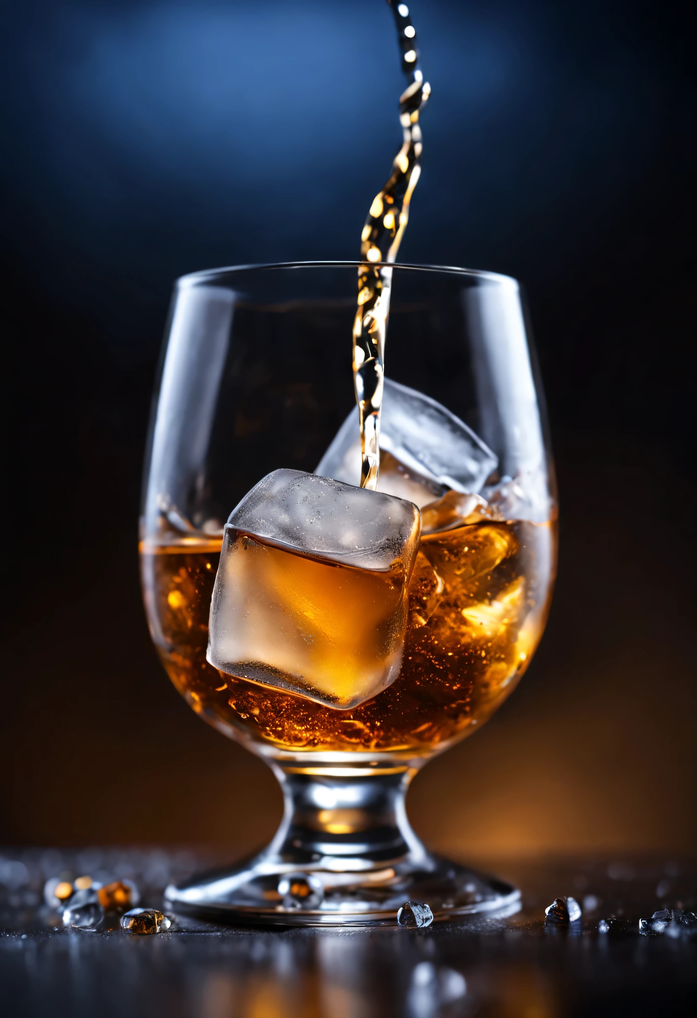 (Spilled liquid: 1.6), ice cubes, reduced. filled with carbonated drinks, translucent liquid,High-end glass.goblet.Night bokeh background.(best quality,4K,8k,high resolution,masterpiece:1.2),super detailed,(actual,photoactual,photo-actual:1.37),.