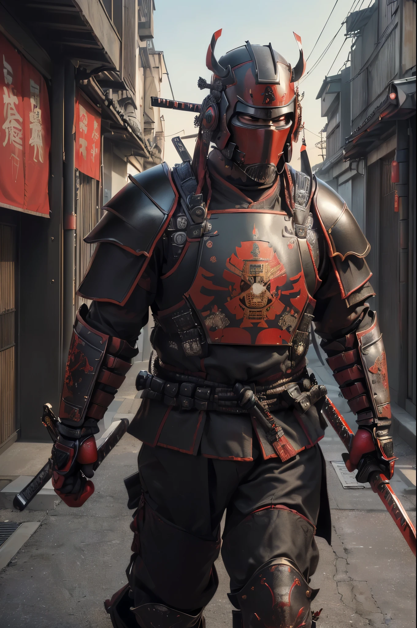 (best quality,4k,8k,highres,masterpiece:1.2),ultra-detailed,(realistic,photorealistic,photo-realistic:1.37),(urban samurai:1.35),(Wearing a Demon Mask),full body,(Armed with a long and large Japanese sword),facing front,(red and black sci-fi military cloth armor:1.5),(modern Tokyo city background),portraits,vivid colors,sharp focus,studio lighting
