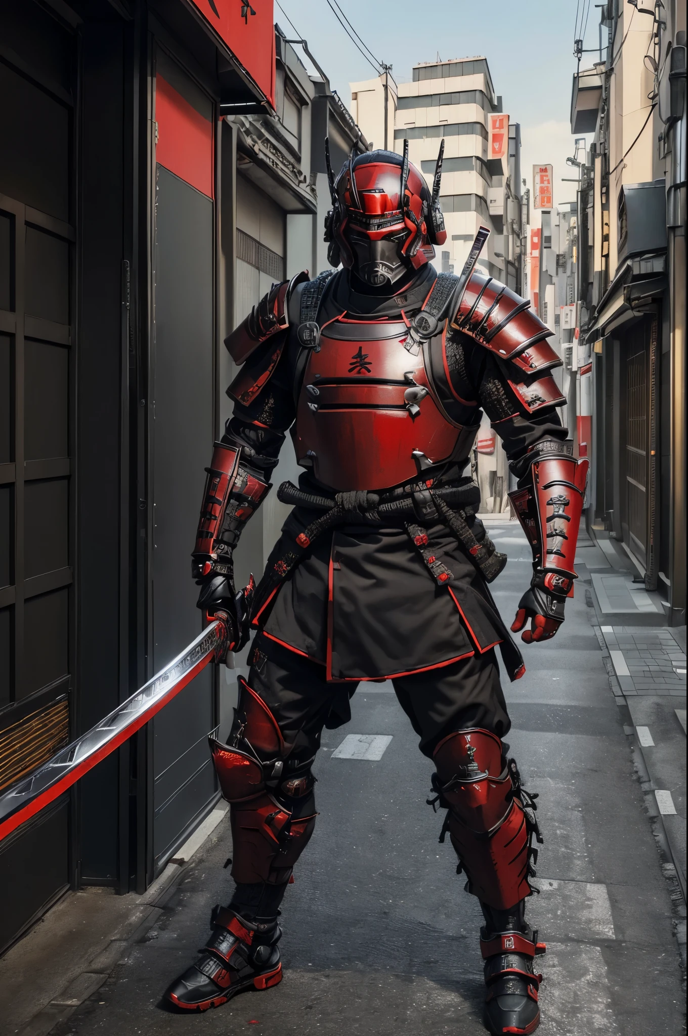 (urban samurai:1.35), (Wearing a Demon Mask), full body, (Armed with a long and large Japanese sword), facing front, (red and black sci-fi military cloth armor:1.5), (modern Tokyo city background)