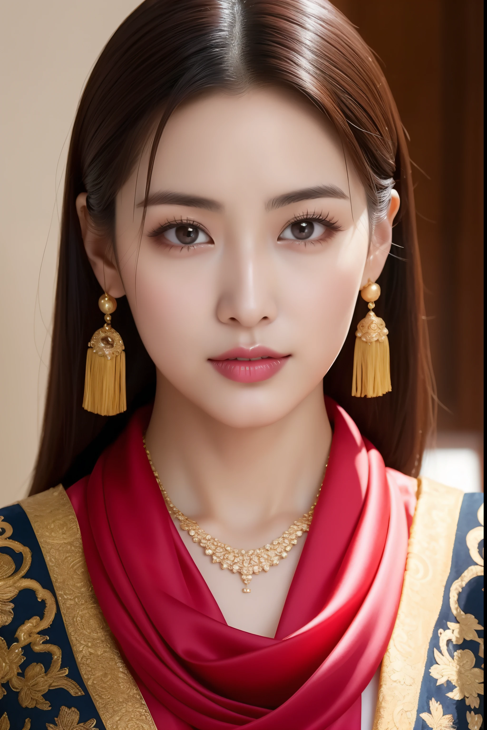 Close-up of a woman wearing a scarf and necklace, Inspired by the colors of the Huangji Forbidden City, Instagram, Tarchism, Gorgeous Chinese model, She was about 28 years old, she is about 30 years old, 8K selfie photo, She was about 32 years old, Beautiful young Korean woman, Dilireba, scarf