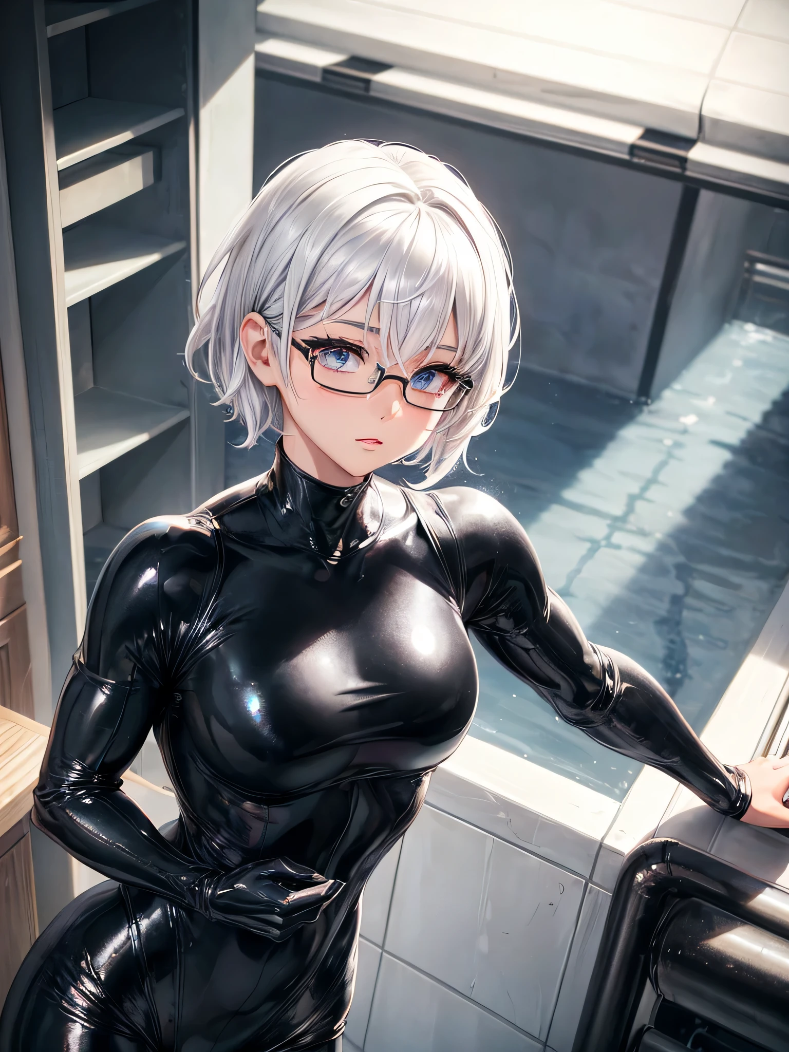 Top quality 8K UHD、short hair、pieces fly、cute eyes、silver hair、Glasses、logic、logic骨格系々、Full body gloss、Beautiful woman wearing a full-body black metallic suit、A black rubber suit that hides your lustrous skin