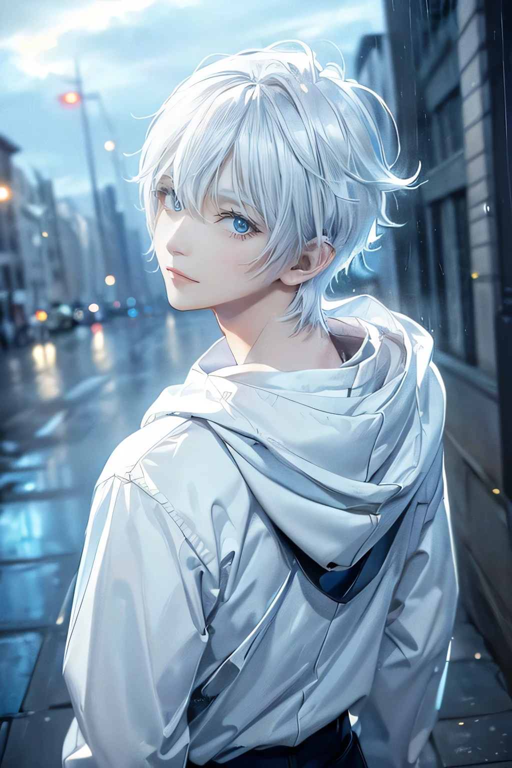 ((4K works))、masterpiece、(highest quality)、one beautiful boy、because I'thin、expensive、((Black Y-shirt and white pants、Charming street style))、Please wear a jacket、wearing a hood to hide his face、(detailed beautiful eyes)、morning city、((smile))、Fashionable city with morning rain、During a walk、((bright, cloudy sky))、((Face similar to Carly Rae Jepsen))、((Short-haired white hair))、((face becomes smaller))、((neutral face))、((bright blue eyes))、((American adult male))、((Adult male 26 years old))、((cool men))、((like a celebrity))、((lonely look))、((korean makeup))、((long and sharp eyes))、((happy date))、((boyish))、((upper body shot))、professional photos、((model pictures))、((shot alone))、((He's under the roof))、((Please look up at the sky))、((shot from behind))、((He is looking upwards))、((his eyes look up))、((Increase the angle of the face))、((He is walking in front of the viewer))