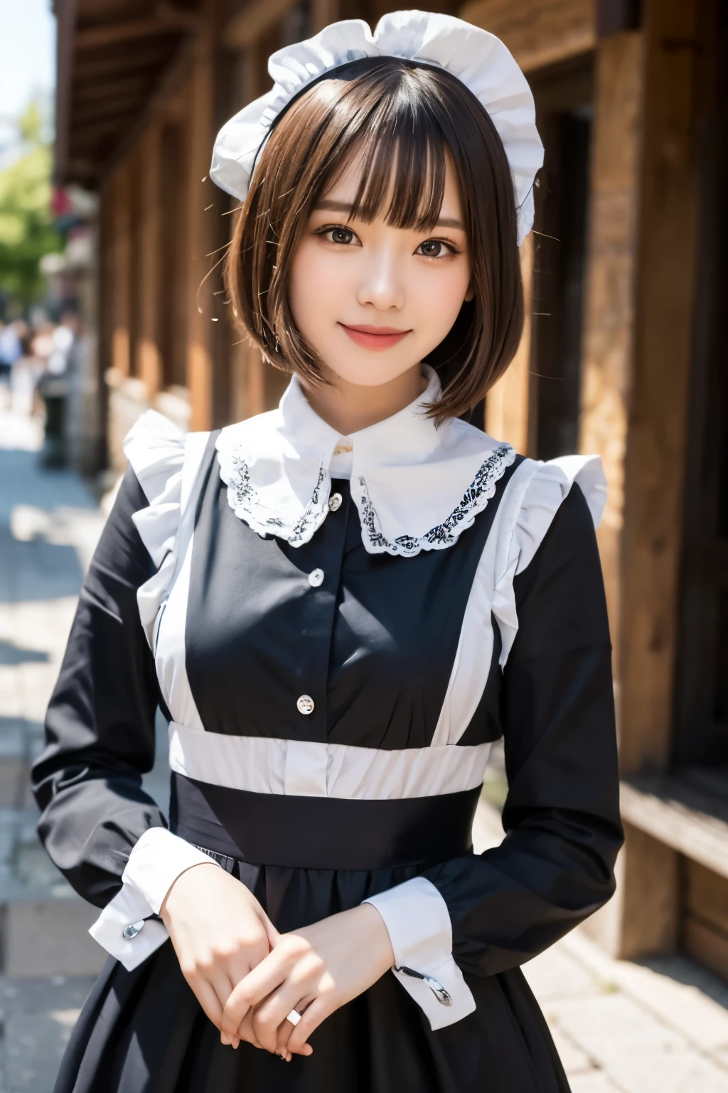 (8K, Raw photo:1.2), Detailed face and eyes,Best Quality, 超A high resolution, Highly detailed ,intricate detailes ,masutepiece ,Cute Girl , Soft cinematic light, Hyper-detailing,Sharp Focus, High quality,standing, (fold hands in front of body:1.1), (from front:1.3), cowboy shot, black long sleeves, white cuffs, white collars, maid black long dress, white apron, maid white headdress, black hair, bob cuts, medium breasts, charming smile