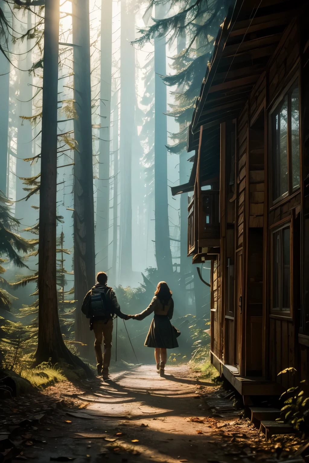Jack and Lisa, two intrepid explorers in their late twenties, embarked on an adventure to an abandoned cabin nestled deep within the heart of the forest. The gnarled trees towered above them, their limbs reaching out like skeletal fingers, casting long shadows over the cabin's decaying facade. As they approached, the air grew thick with anticipation, the silence broken only by the crunching of leaves underfoot.

Upon entering the cabin, they were greeted by a scene of neglect. Dust particles danced in the sunlight that filtered through the cracks in the walls, casting an ethereal glow over the old furniture. The once vibrant colors of the