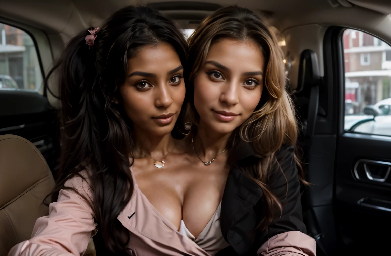(Full size view:1.4), 22-year-old dark Sri Lankan woman named Kasuni and, her pure white Canadian mother blonde named Celestia, (Sitting in the rear seat, luxury car), smiling at camera, (detailed background) (( Celestia is a white Canadian blonde 48-year-old woman, aged look)), ((Kasuni is 22-year-old, solid black long ponytail hair, dark fair skin)), ultra-realistic photo, feminine features, (both have same facial components), ((Pink color winter trench Coats, jewelry)), conjoined, 2 heads, different heads, different skin colors