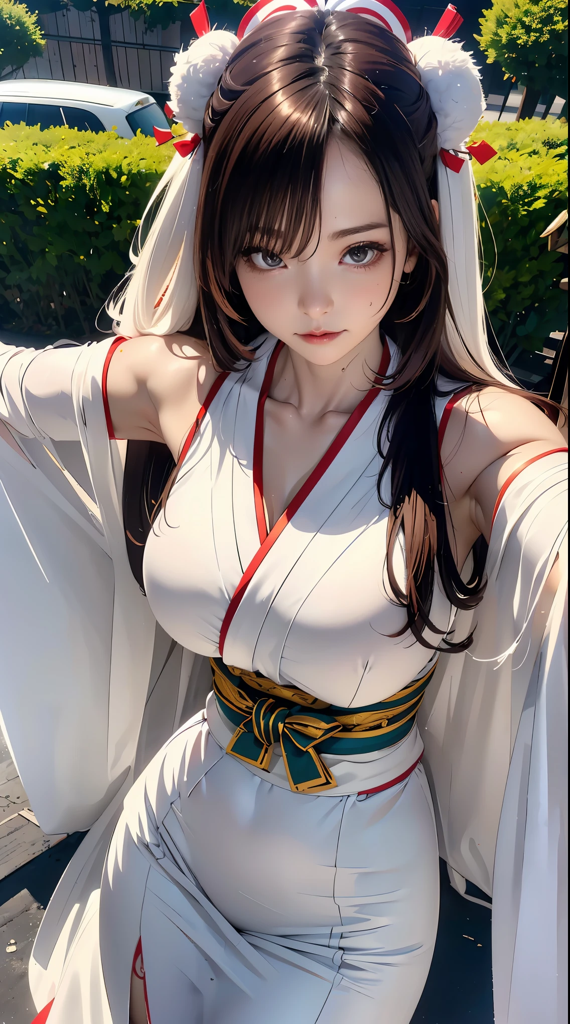 cute,walk,garden,whole body,(super dense skin),winding,beautiful breasts,white skin,(surreal肖像画,(8K),surreal,high detail,High resolution,highest quality,masterpiece,sense of presence,dynamic,bold),(thin hair),(soft hair),(straight hair:1.5),long flowing bangs,extra light coppery amber hair,hair above one eye,View from above,japanese YinYin-Yang, Abe Seimei, sorcerer's outfit, big breasts, big buttocks, big eyes, slit eyes, long eyelashes, battle pose, sleeve cut,