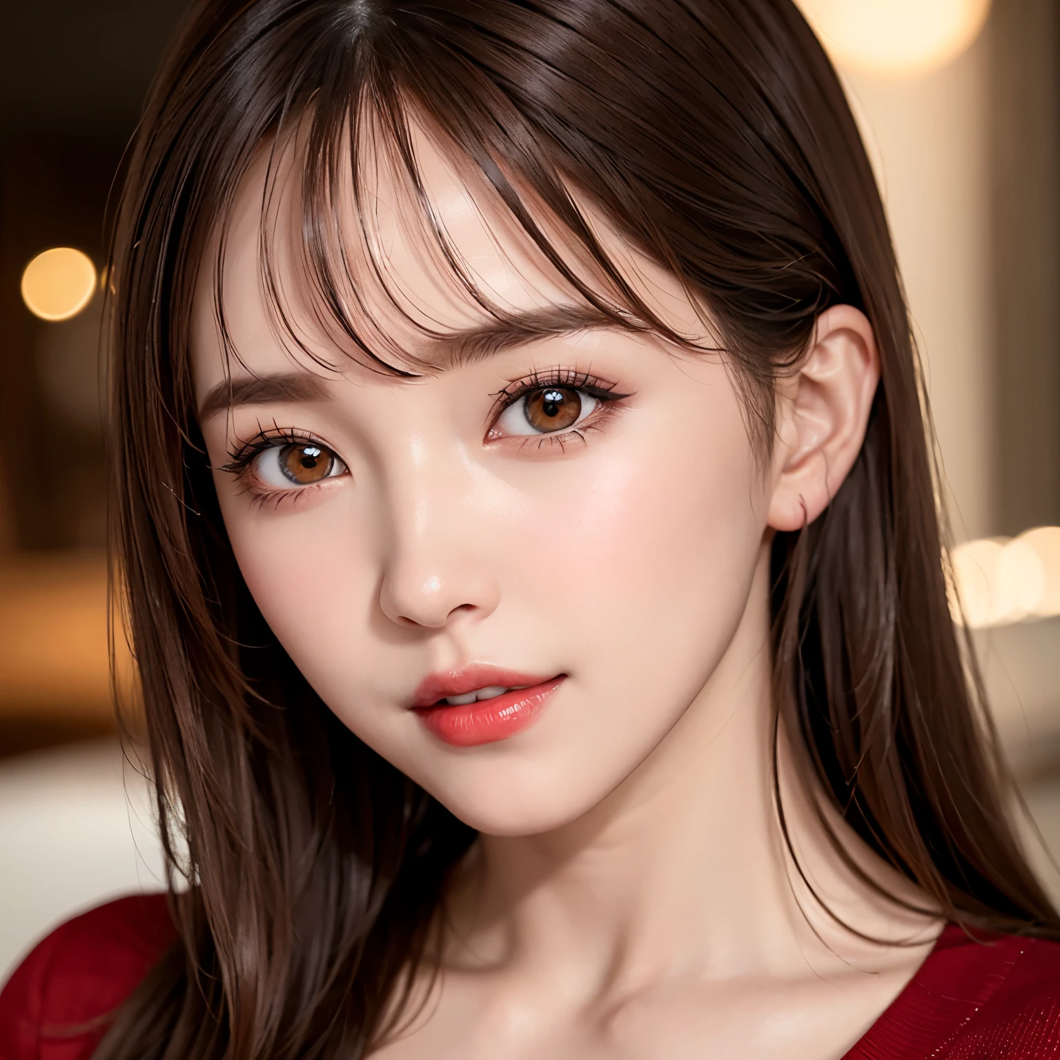 (highest quality、table top、8K、best image quality、Award-winning work)、(1 young girl)、solo、(Perfect V-neck red long knit sweater:1.3)、(perfect red v-neck sweater:1.1)、(red eyeshadow:1.2)、perfect makeup、long eyelashes、Super high-definition sparkling eyes、ultra high definition hair、ultra high resolution glossy lips、Super high resolution perfect teeth、Super high resolution cute face、brown hair、look at me and smile、[clavicle]、accurate anatomy、(close up of face:1.55)、Luxury love hotel、(The most moody warm lighting:1.2)、blurred background、With bangs、Super high-resolution glossy and moisturized face、Super high-resolution glowing skin、most detailed face、Ultra high resolution detailed faces、ultra high resolution hair、Super high resolution sparkling eyes、Beautiful face drawn in every detail、Super high resolution glossy red lips、(closed lips:1.2)、smile gently