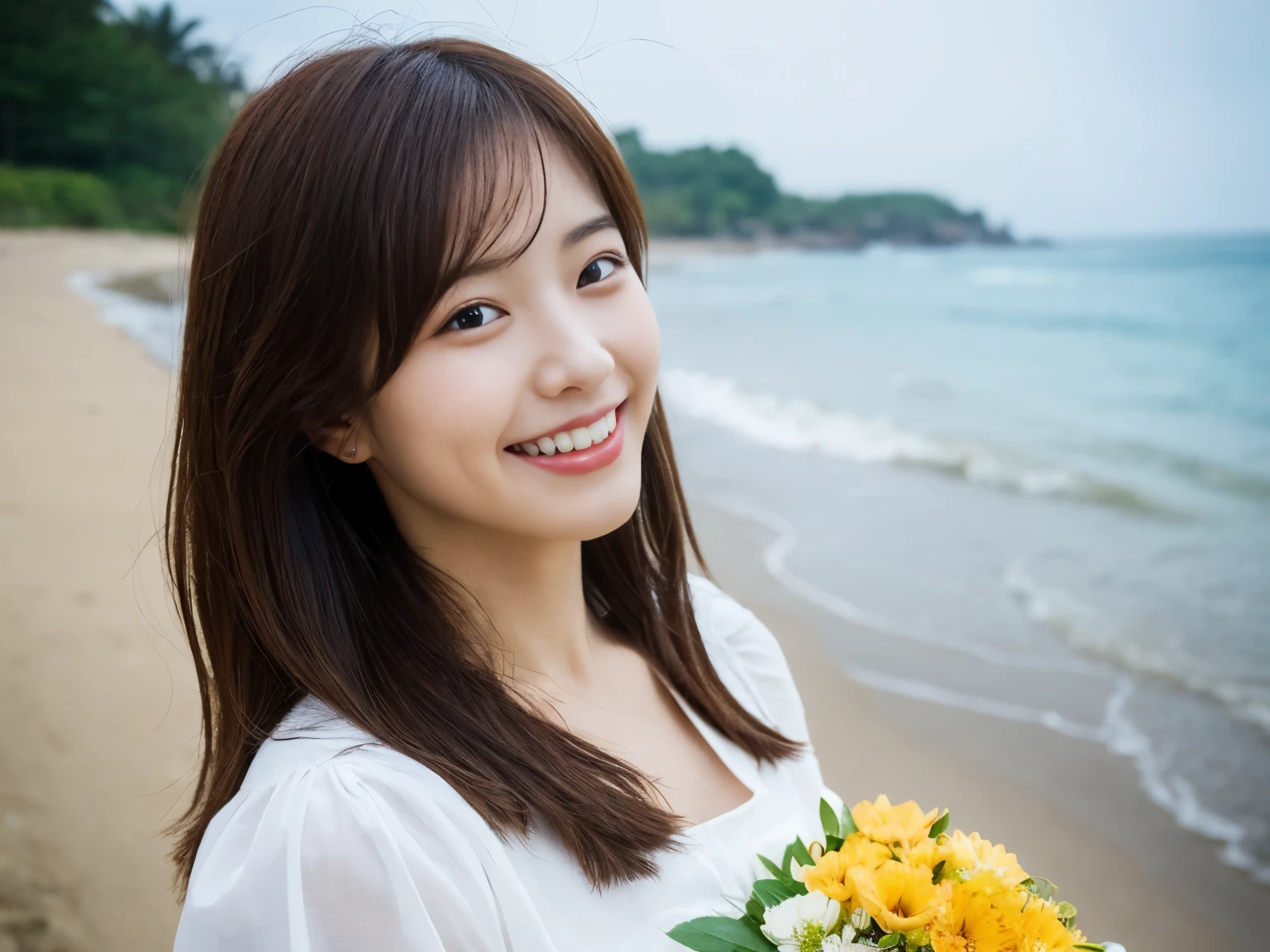 early morning light、(8K、RAW photo、highest quality、masterpiece:1.2)、High-definition RAW color photo、professional photos、(realistic、photo realistic:1.37)、cinematic light、((日本人1 female))、laughter、(holding a bouquet)、smile、Shot on the beach、((blur the background))、Versatile poses、white blouse、simple necklace、(Beautiful profile:1.3)、Don't look at the camera、profile、long hair、constricted hair、floating hair、realistic、From the side、 Upper body、From the side、I was disappointed、Photographed under natural light、profile、Side view、1 female、A photo showing the Upper body、wide angle