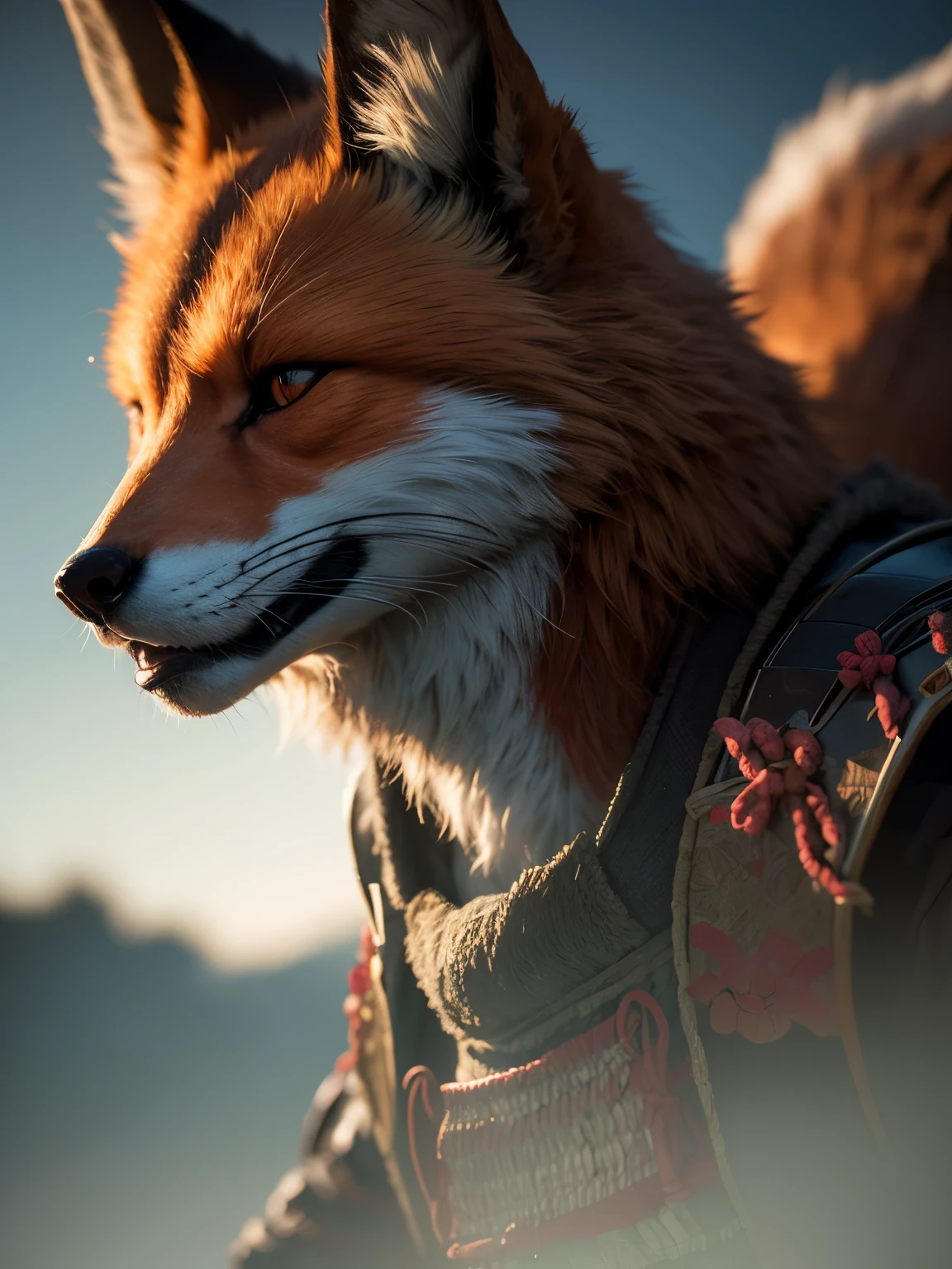 photorealistic, high resolution, 1 fox anthropomorphic, samurai, dynamic pose, background ancient kyoto, dramatic, chromatic aberration.
