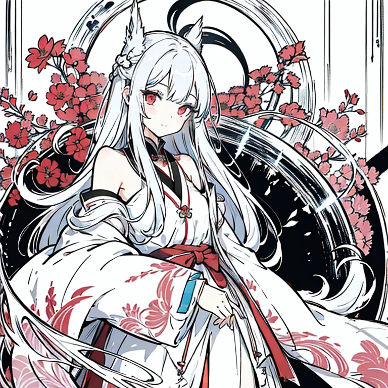 anime,animation,best quality, ultra high res, higly detailed, 4k,masterpiece, best quality, official art, highly detailed, illustration, 1 girl, white hair, long hair, detailed eyes,red eyes,bare,enlightenment style clothes,pure, soft,15year,korean,korea, glamour,sexy,open shoulder,smile,exquisite delicate eyes