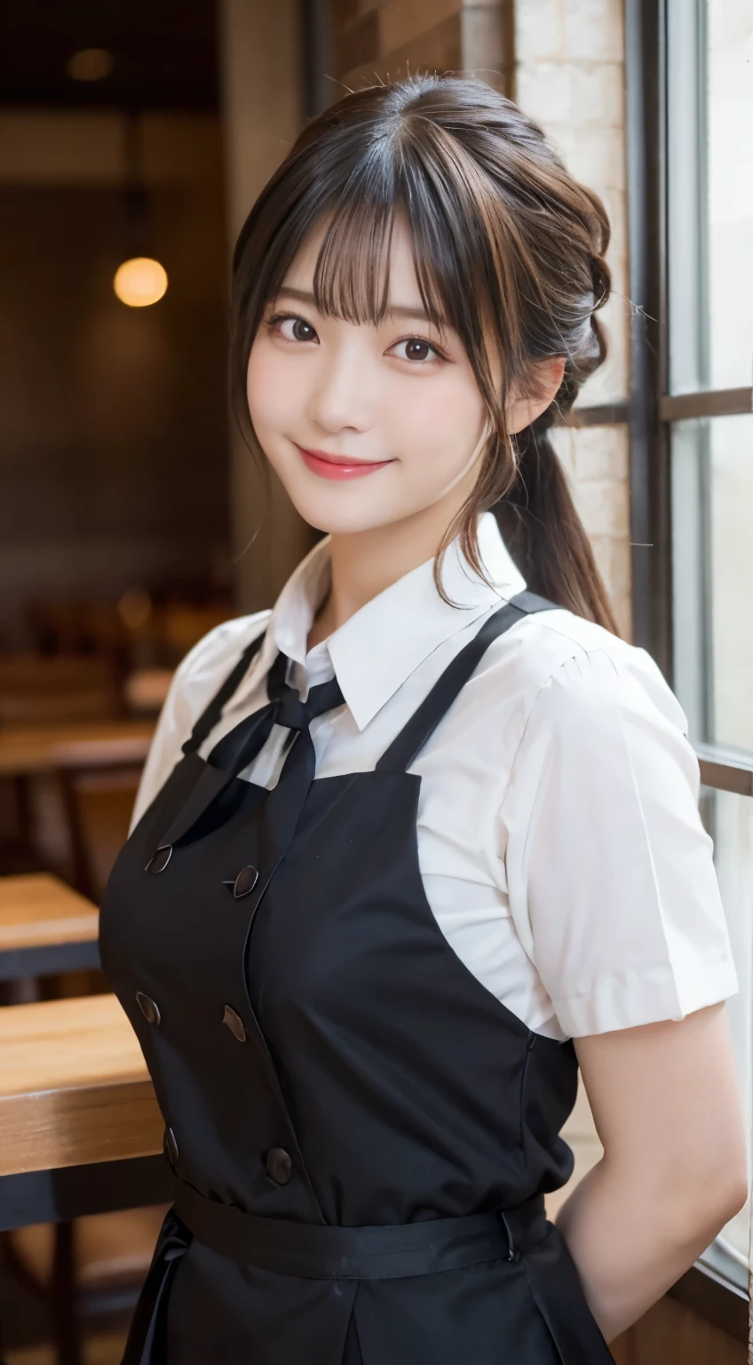 (highest quality,masterpiece:1.3,ultra high resolution,),(Super detailed,caustics),(Photoreal:1.4,RAW shooting,)ultra-realistic capture,very detailed,High resolution 16K human skin close-up。 natural skin texture、,The pores are、、、Must be detailed enough to be easily identified。 Skin should look even-toned and healthy。 Use natural light and color,restaurant,Waitress Uniform,1 girl,Japanese,18-year-old,cute,black haired,ponytail,big breasts,smile,turn your body forward,(Front view:1.1),look at the camera,cowboy shot,
