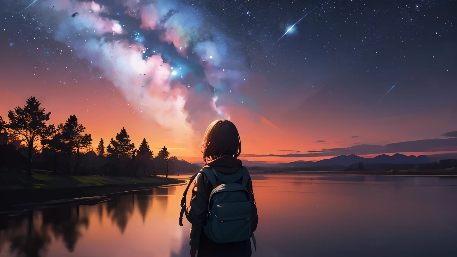 {{{masterpiece}}, {{{highest quality}, {{super detailed}}, {figure}, {{an extremely delicate and beautiful}}, beautiful milky way, night sky, wide sky, Mysterious, Deep sky, falling sky, Traveling Girl, rucksack, 背面figure, girl looking at night sky, On the way, 8K, Morning is near, The sky is about to be swallowed up, the Morning is near, the night is over, The beginning is near, deep darkness, cinematic, Mysterious, wonderful, beautiful,