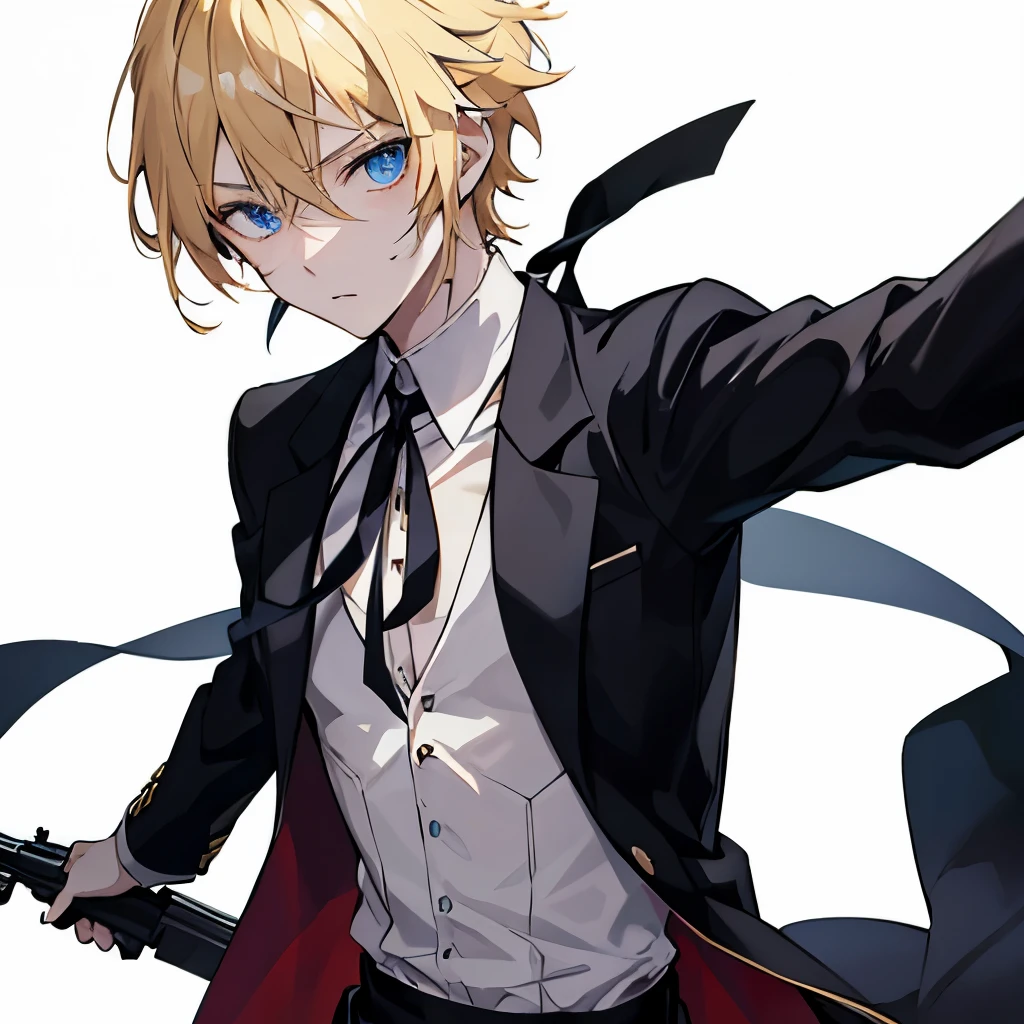 
anime style、

[Elid]:he has blond hair and blue eyes, has birthmarks all over him body, and wears a black ribbon around him neck.、An innocent male assassin holding a gun

