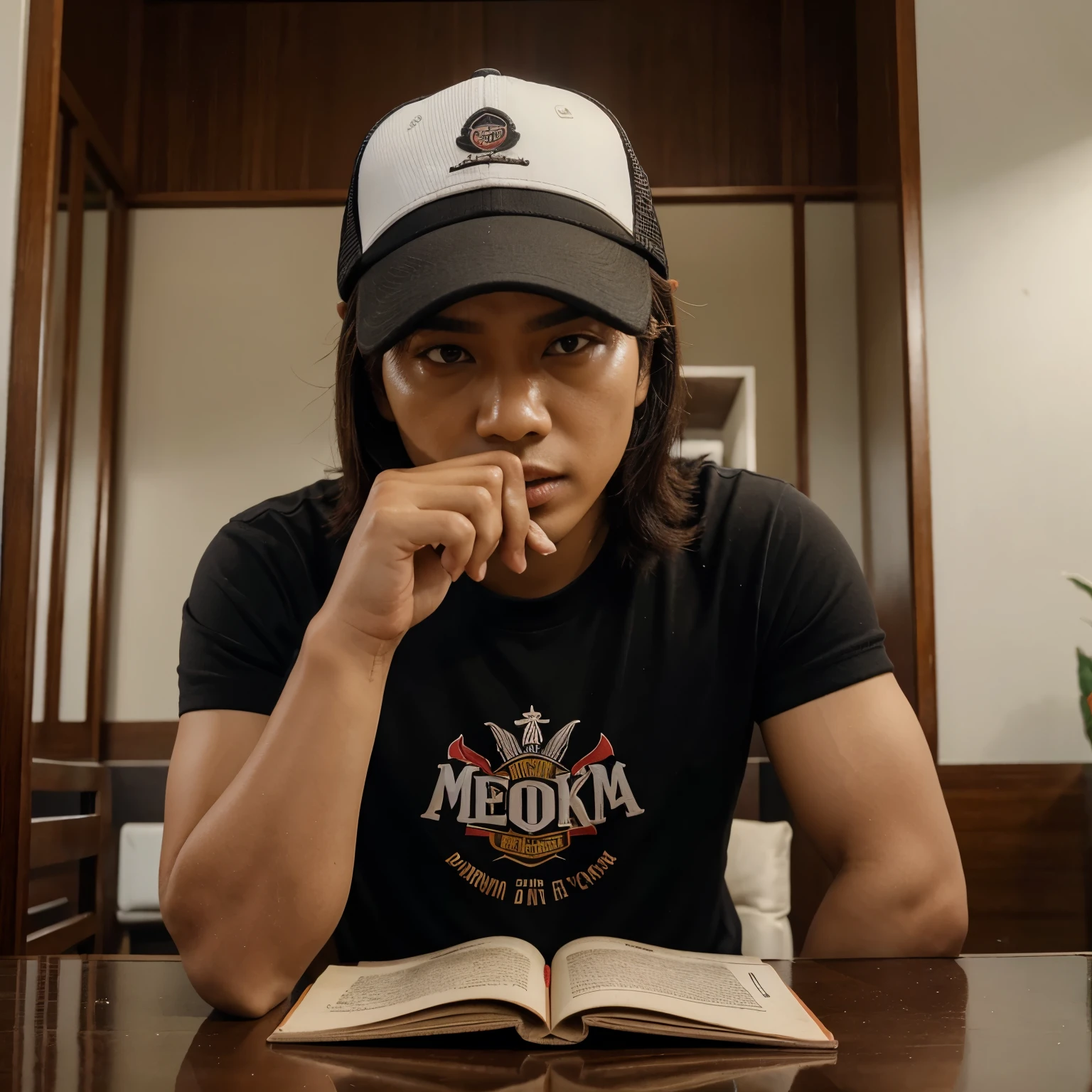 Seorang pemuda indonesia memakai snapback dan kacamata sedang duduk santai diteras rumah dengan rokok kopi dan buku di meja