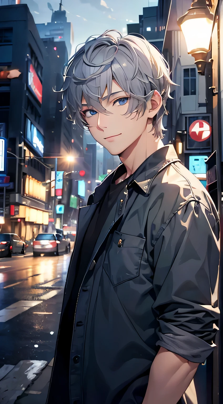 (absurd、High resolution、Super detailed、nffsw)、masterpiece、highest quality、male 、alone、good looking、short hair、gray hair、blue eyes、small eyes and small face、casual clothes、True Shadow、joy、connect ears、Upper body、blur the background、smile、City of night、