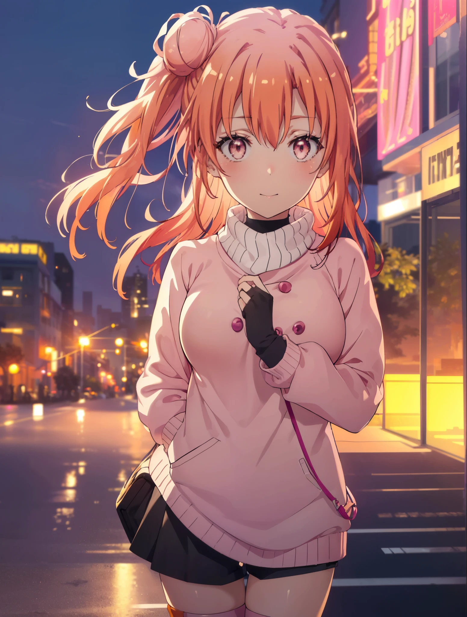 yuiyuigahama, yui yuigahama, long hair, (pink eyes:1.5), (orange hair:1.2), bun hair, single bun hair,blush, smile, (big breasts:1.2),red muffler,Pink long coat　Open the button,white sweater,shorts,black knee high socks,short boots,evening,sunset,
break outdoors,city,building street,
break looking at viewer,whole body,peek from above, (cowboy shot:1.5),
break (masterpiece:1.2), highest quality, High resolution, unity 8k wallpaper, (shape:0.8), (beautiful and detailed eyes:1.6), highly detailed face, perfect lighting, Very detailed CG, (perfect hands, perfect anatomy),