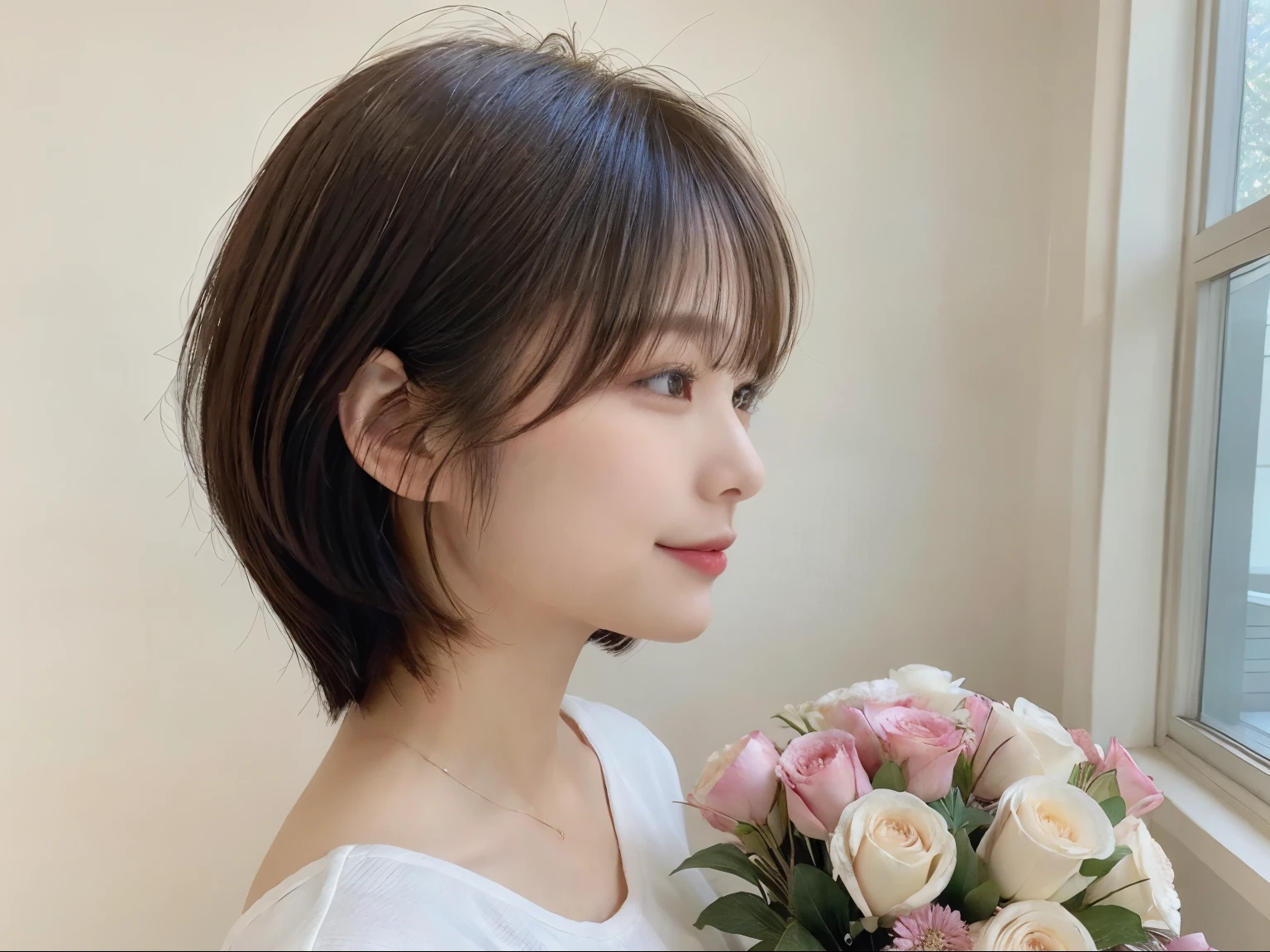 early morning light、(8K、RAW photo、highest quality、masterpiece:1.2)、High-definition RAW color photo、professional photos、(realistic、photo realistic:1.37)、cinematic light、日本人1 female、laughter、(holding a bouquet)、smile、Taken in a room with white walls and windows、((blur the background))、Versatile poses、white blouse、simple necklace、(Beautiful profile:1.3)、Don't look at the camera、profile、bob、bobヘア、bob cuts、ロングbob、realistic、From the side、 Upper body、From the side、I was disappointed、Photographed under natural light、profile、Side view、1 female、A photo showing the Upper body、wide angle