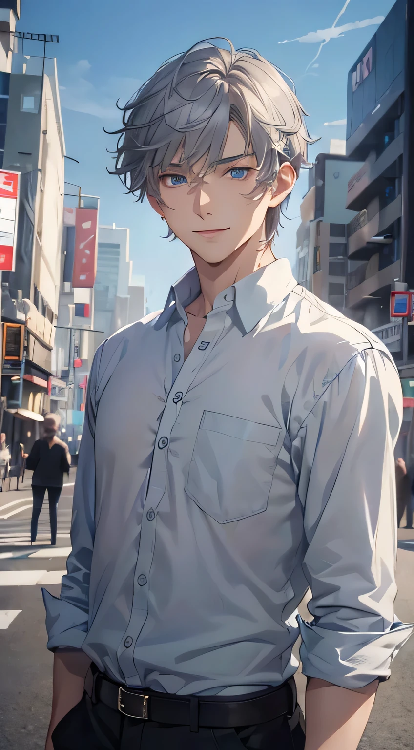 (absurd、High resolution、Super detailed、nffsw)、masterpiece、highest quality、male 、alone、good looking、short hair、gray hair、blue eyes、small eyes and small face、casual clothes、True Shadow、joy、connect ears、Upper body、blur the background、smile、City of night、