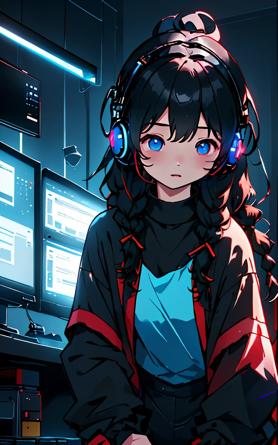 dark room、a natural gamer、High Specｐｃgirl playing games with、(((My eyes are on the monitor screen、Girl staring seriously at the monitor screen:1.5、headset、shines redｐｃ、three-sided monitor)))、playing games with mouse and keyboard、(((dark room:1.2、blue glowing pc)))、realistic depiction、messy braids、black jersey top and bottom、messy room、gaming cheer、highest quality、ultra high resolution、master piece、８ｋ