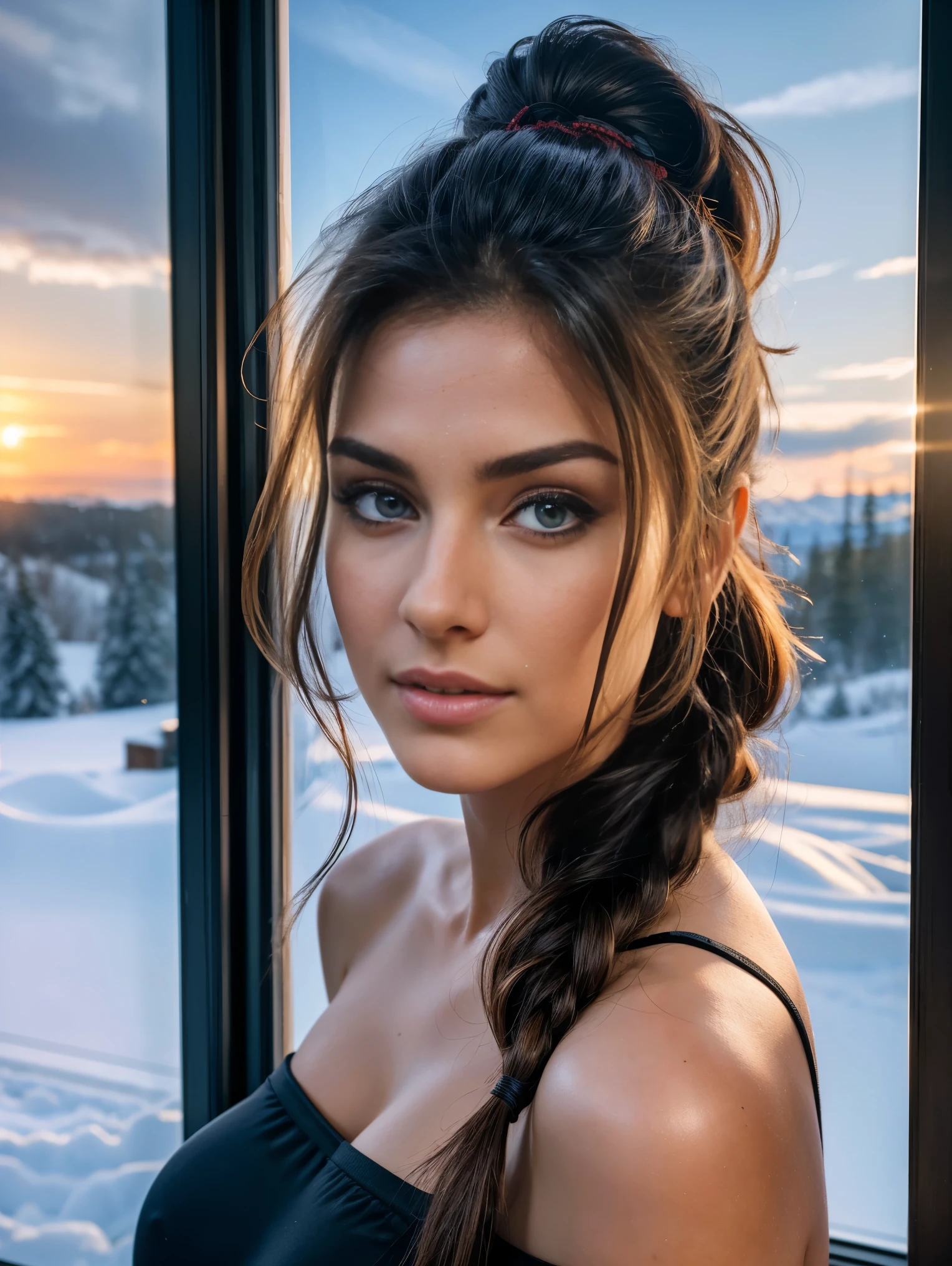 (best quality), (masterpiece), (high resolution), (intricate details:0.2),(professional lighting), room, detailed background, over sized black t shirt, off shoulder, (previous view), 1 ultra hot gorgeous European woman. She’s a playmate, men magazine model. Age 23. Large breast, solo, (beautiful face:1.40), fine skin, smile, long ponytail brown hair, sky blue eyes, look at viewer, near a large window showing snowy landscape, northern lights