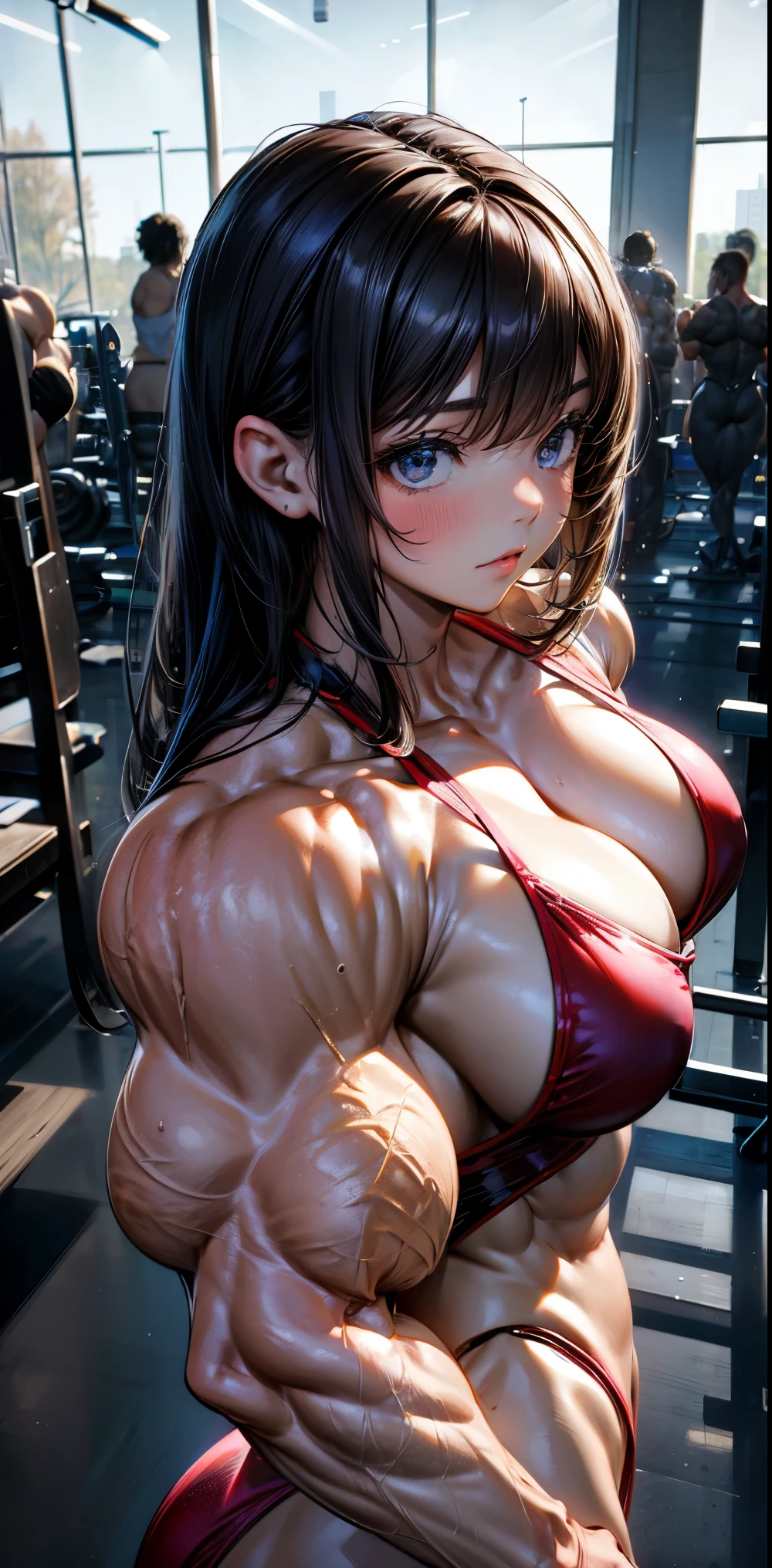 (best lighting) , (Extremely complex and detailed) , 4K unified, (Super detailed CG: 1.2) , (8k: 1.2),(original), (masterpiece) , (best quality),(masterpiece:1.4),Anime-like high quality,(masterpiece),masterpiece, Super clear picture quality,clearer than,(delicate face)best quality, absurd,((peace master, 4K, 8k, Yes, high resolution))1个girl, female student,,(beautiful bass),((bodybuilder:1.5))(girl),(miss),(((Upper body:1)))Upper body像,Upper body,Upper body,On the playing field,big occasion,Expand the venue,The audience is noisy,there are many people there,light show,many muscular men,Arm biceps close-up,Camera shows biceps,exaggerated biceps,huge biceps,plump biceps,dehydrated biceps。close shot