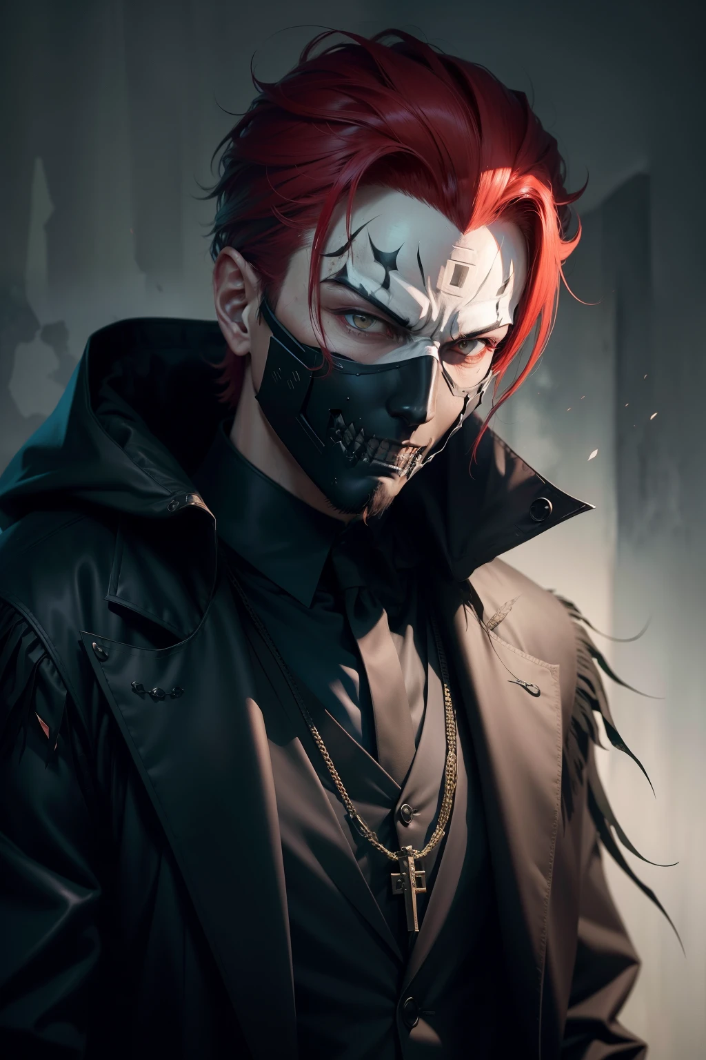Title: The Enigmatic Leader - Ghostly Mask Revealing a Psychopathic Soul
Description:
This Full HD image portrays a very realistic depiction of a Japanese man, clad in a black mask, which unfolds an intriguing enigma. The mask, resembling a ghostly skull, boasts delicate and mysterious details that defy the ordinary. Its empty eye sockets emit an eerie, psychopathic, and scary appearance, instilling a sense of unease amongst onlookers.
The man beneath the mask looks about despite his deceptive, dominant presence. His modern, bold red haircut sets an unusual contrast to his youthful appearance