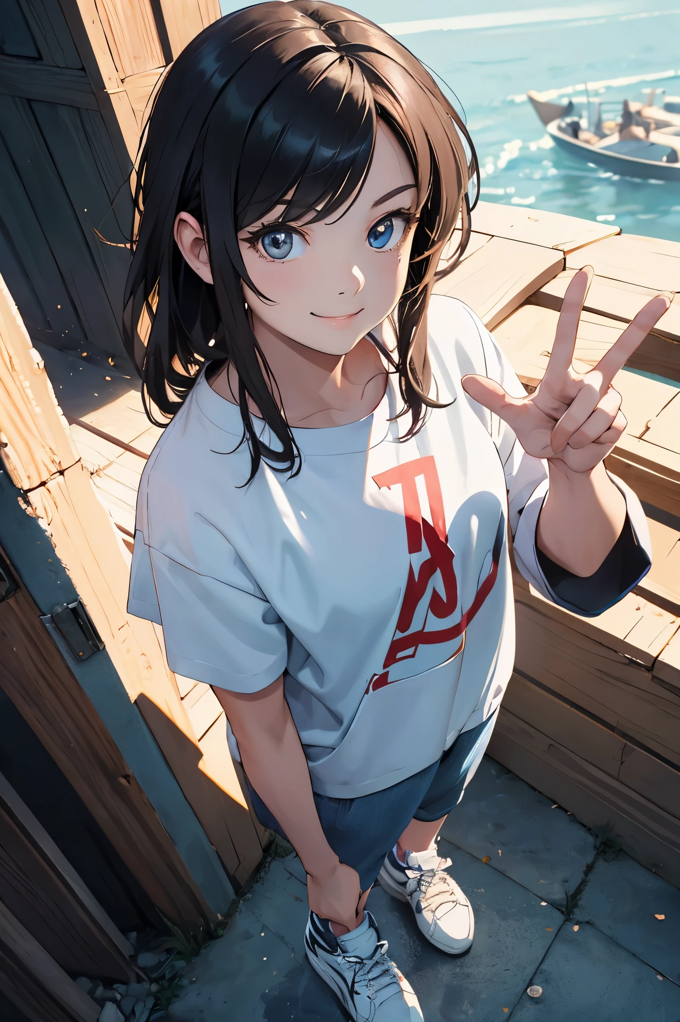 Fullbody Center-view of a female, wearing loose sport attire and white sneakers, long haircut, detailed big shiny eyes, peace hand gesture, looking at camera, little smirk smile, digital painting, bright vibrant colors, hyperrealistic, intricate detailed and clarity, set against a amazing outdoor background, portrait shot, anime proportions, clean art, vary strong, UHD, 8k,