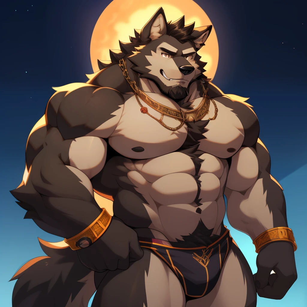 cel-shading, 1boy, abs, bara, bare shoulders, (black hair, body hair, copious luxuriant bushy far-reaching black chest hair, bushy black fur all over chest, hairier chest than possible), clothing cutout, cuffs, dark skinned male, thick facial hair, handcuffs, jewelry, large pectorals, long bushy black sideburns, male focus, mature male, medium hair, slim, muscular, muscular male, navel, pectorals, short hair, sideburns, solo, stomach, stubble, thick thighs, thigh cutout, minimalist clothing, thighs, tight, watch, wolf, pubes, pubic hair, happy-trail, treasure-trail, copious luxuriant bushy far-reaching black nether-hair, very hairy snatch, wide landing strip