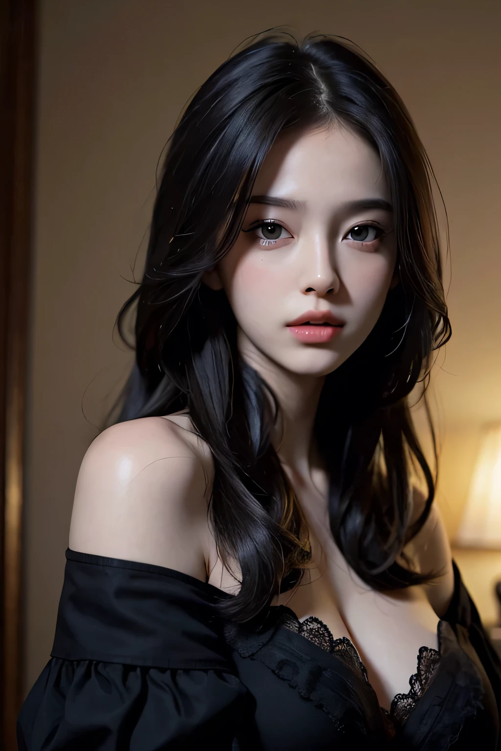 one woman, long black hair, fox ears, black eyes, Korean, looking straight ahead, athletic body, well-defined body, lingerie, high quality, best quality, masterpiece