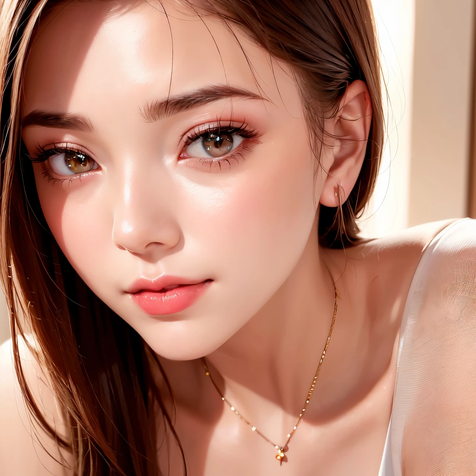 (highest quality、table top、8K、best image quality、Award-winning work)、(1 young girl)、solo、(Perfect V-neck red long knit sweater:1.3)、(perfect red v-neck sweater:1.1)、(red eyeshadow:1.2)、perfect makeup、long eyelashes、Super high-definition sparkling eyes、ultra high definition hair、ultra high resolution glossy lips、Super high resolution perfect teeth、Super high resolution cute face、brown hair、An elegant smile looking at me、[clavicle]、accurate anatomy、(close up of face:1.55)、Luxury love hotel、(The most moody warm lighting:1.2)、blurred background、With bangs、Super high-resolution glossy and moisturized face、Super high-resolution glowing skin、most detailed face、Ultra high resolution detailed faces、ultra high resolution hair、Super high resolution sparkling eyes、Beautiful face drawn in every detail、Super high resolution glossy red lips、(closed lips:1.3)、smile gently