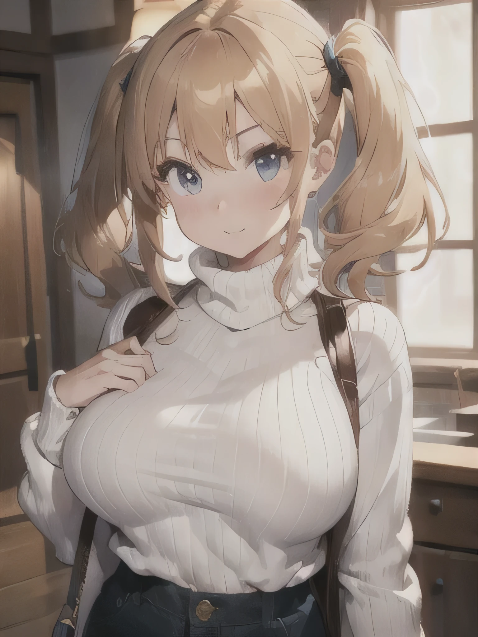 woman, 1 person, perfect beautiful girl, plump breasts, focus on the chest, cowboy shot, Beautiful golden hair, clearly visible chest shape, wearing a turtleneck knit, white knit, The chest is covered with knit, look sideways, twin tails