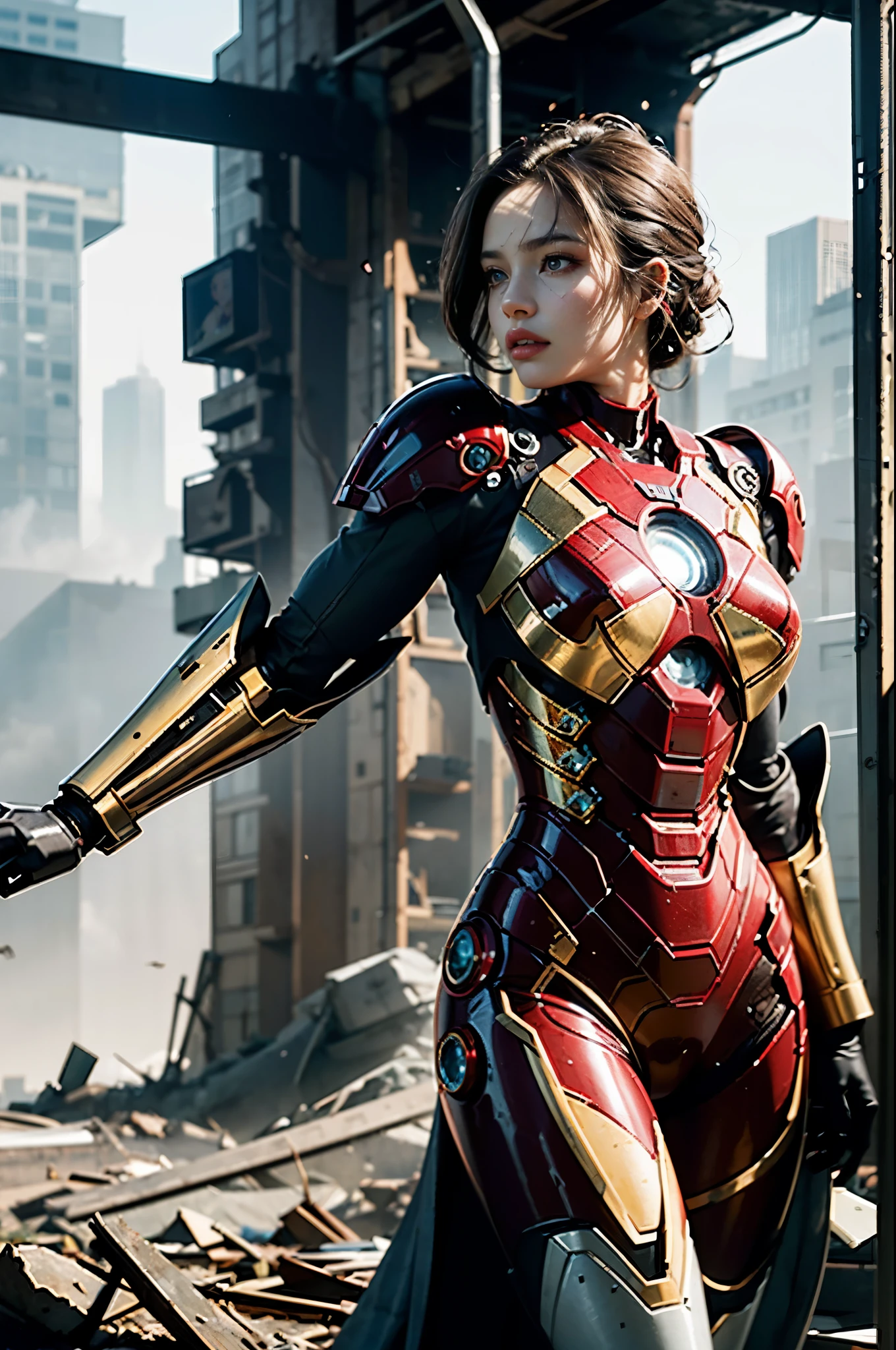 RAW, Masterpiece, Ultra Fine Photo,, Best Quality, Ultra High Resolution, Photorealistic, Sunlight, Full Body Portrait, Stunningly Beautiful,, Dynamic Poses, Delicate Face, Vibrant Eyes, (Side View) , she is wearing a futuristic Iron Man mech, red and gold color scheme, highly detailed abandoned warehouse background, detailed face, detailed and complex busy background, messy, gorgeous, milky white, high detailed skin, realistic skin details, visible pores , sharp focus, volumetric fog, 8k uhd, dslr camera, high quality, film grain, fair skin, photorealism, lomography, sprawling metropolis in futuristic dystopia, view from below, translucent