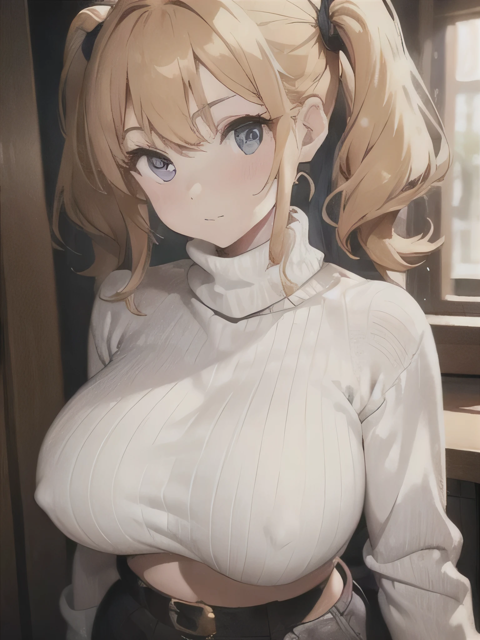 woman, 1 person, perfect beautiful girl, plump breasts, focus on the chest, cowboy shot, Beautiful golden hair, clearly visible chest shape, wearing a turtleneck knit, white knit, The chest is covered with knit, look sideways, twin tails